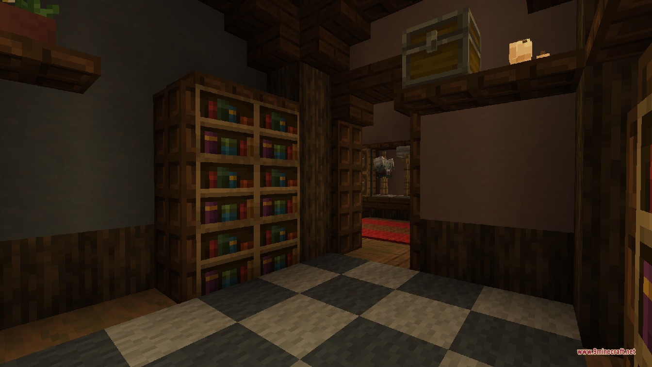 Luki's Woodland Mansions Data Pack Screenshot 6 A small room with a checkered floor and wooden bookshelves against walls