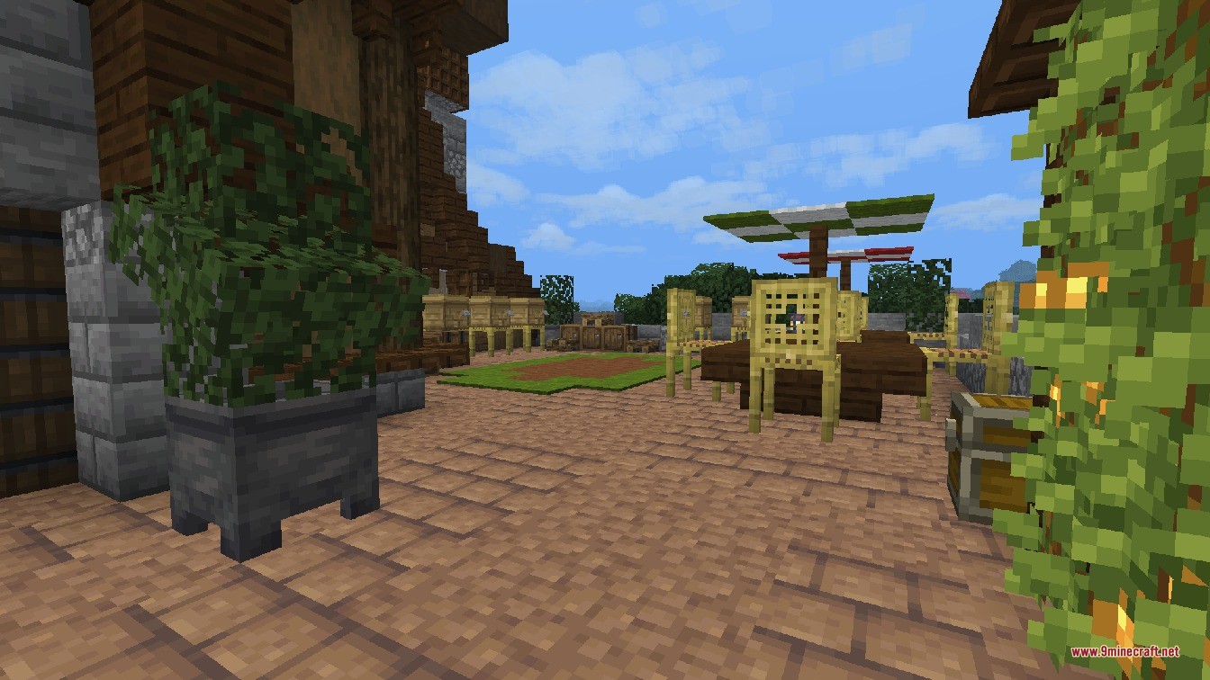 Luki's Woodland Mansions Data Pack Screenshot 7 Outdoor patio area with wooden furniture and a green and white umbrella