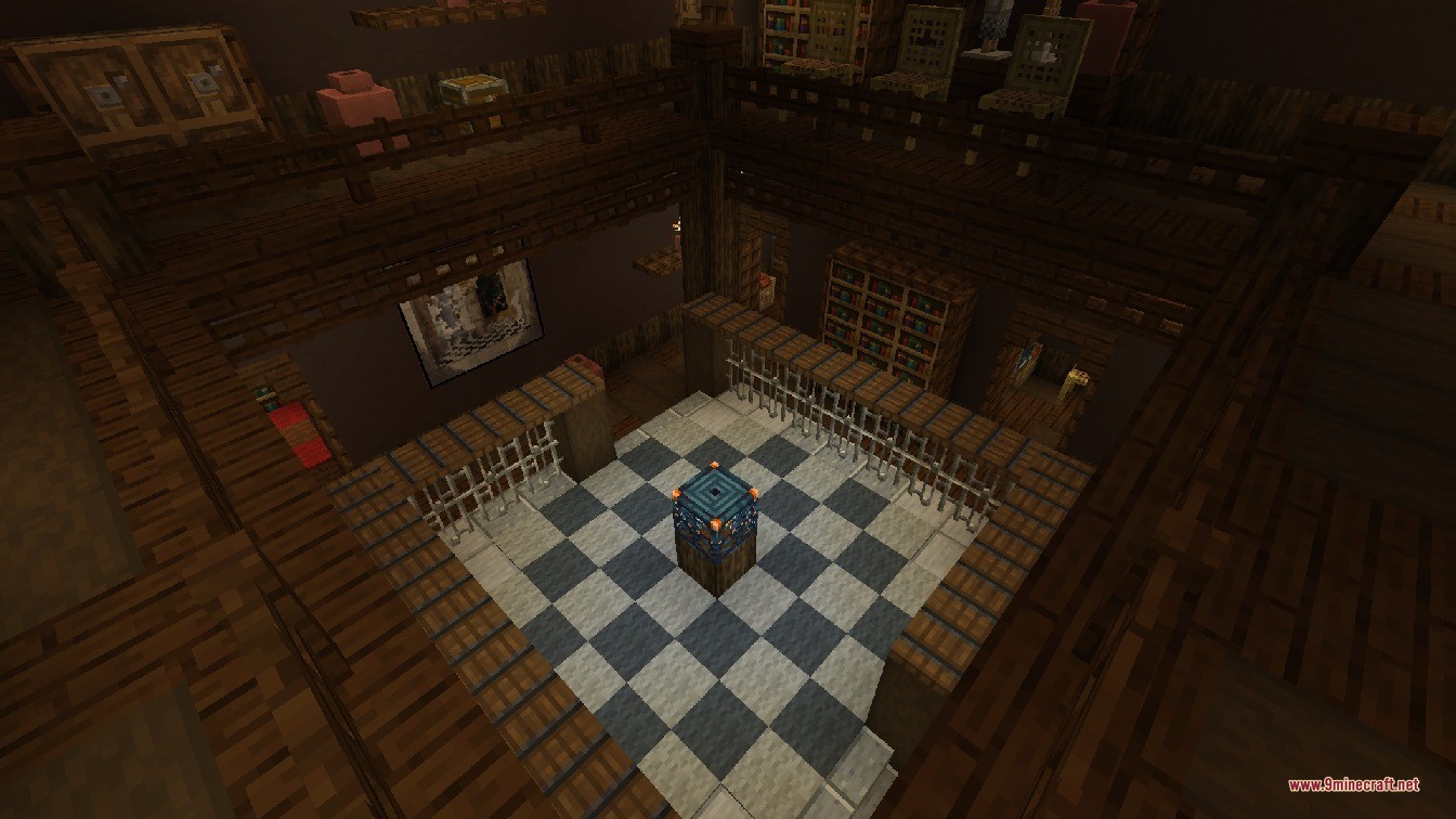 Luki's Woodland Mansions Data Pack Screenshot 8 Mansion interior featuring a checkered floor and a central trial spawner