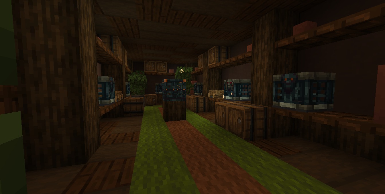 Luki's Woodland Mansions Data Pack Screenshot 9 Trial spawners placed on wooden shelves inside a dark mansion storage room