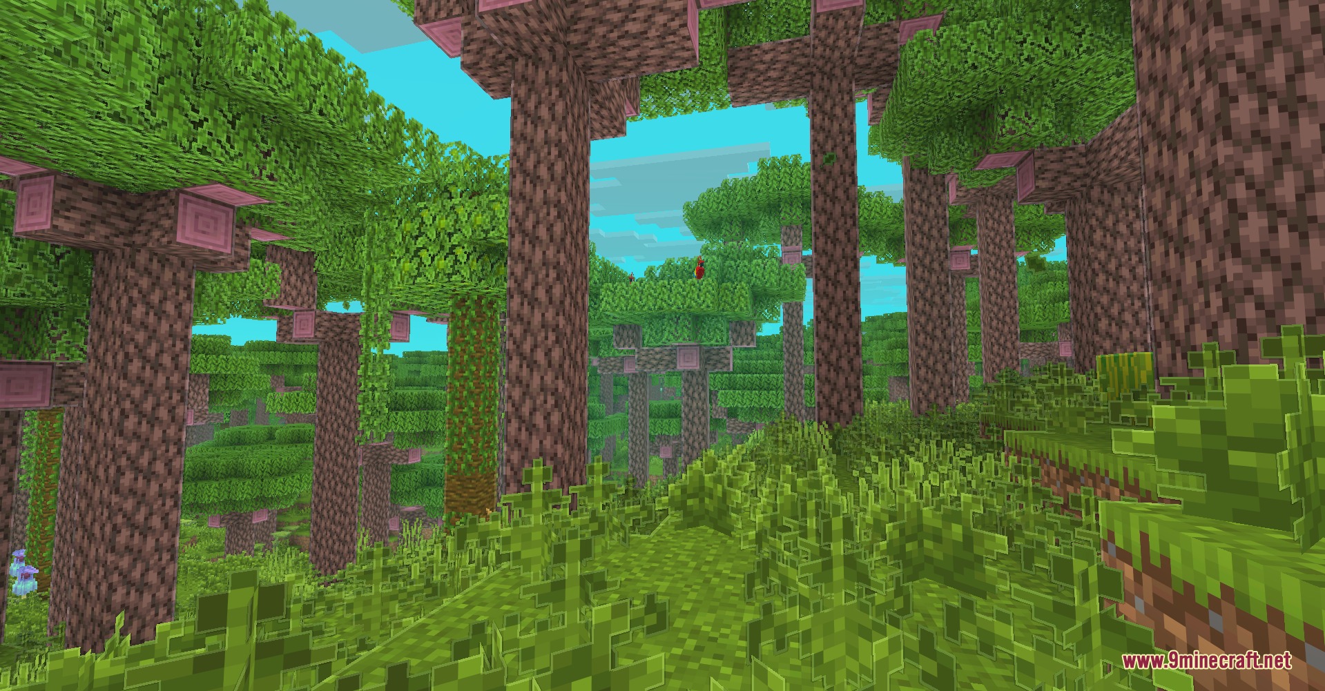 Luma Light Mod Screenshot 1 Vibrant jungle biome with tall trees and glowing outlines on the leaves