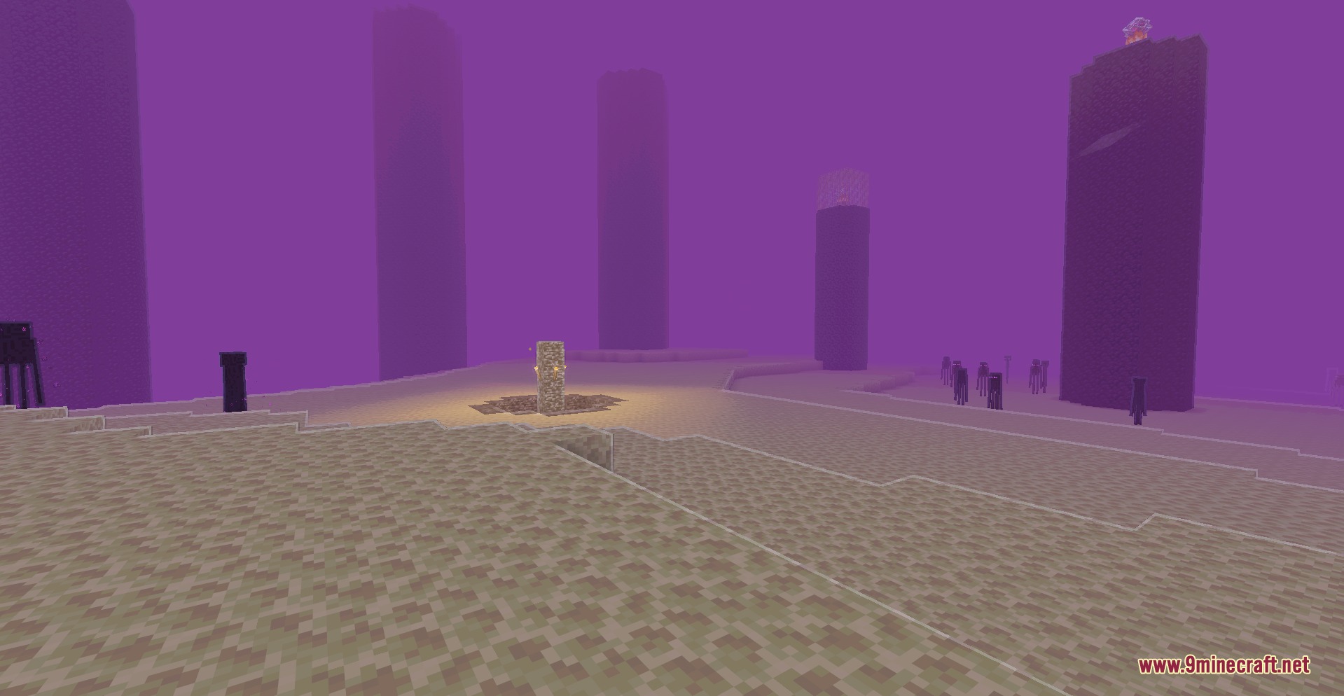Luma Light Mod Screenshot 2 The End dimension featuring purple fog and glowing outlines on obsidian pillars