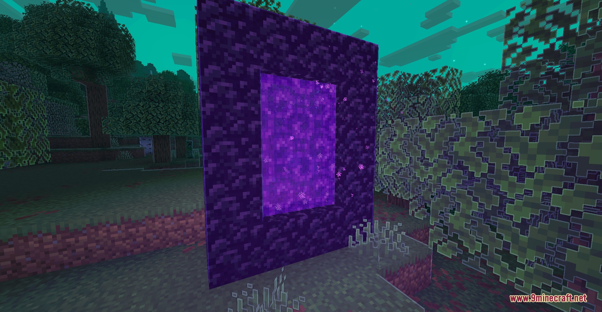 Luma Light Mod Screenshot 3 A purple Nether portal stands in a forest with cartoon visual outlines