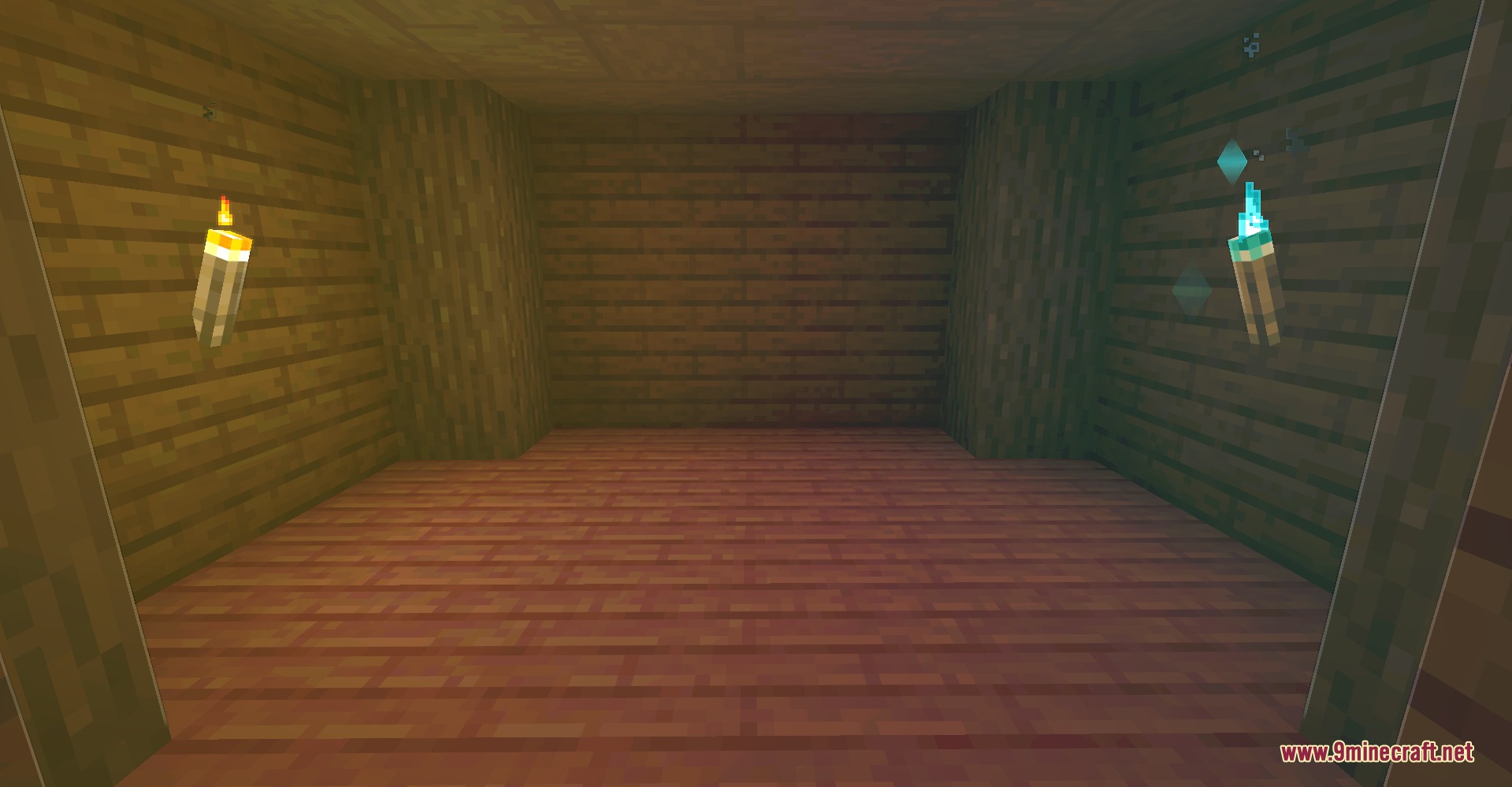 Luma Light Mod Screenshot 5 A wooden room with colored lighting from a torch and a soul torch