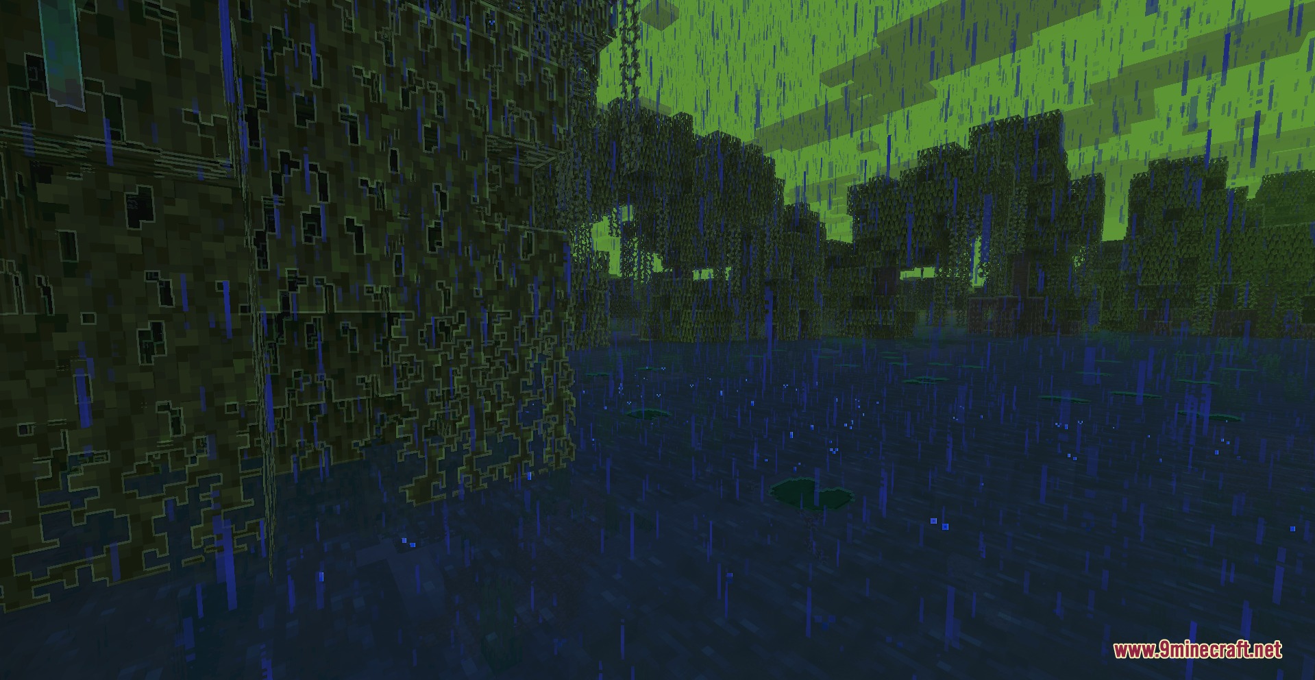 Luma Light Mod Screenshot 6 Rain falling in a swamp biome with glowing outlines on trees and vines