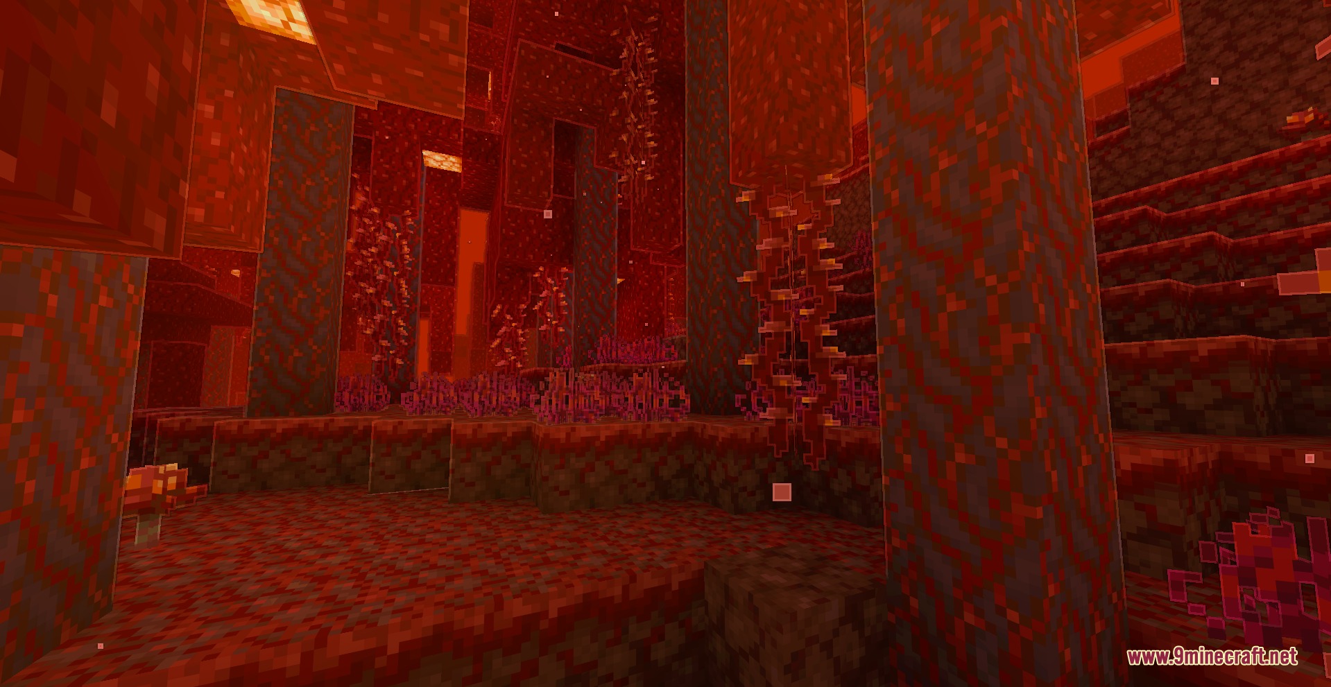 Luma Light Mod Screenshot 7 Glowing red light from block textures illuminates a crimson forest in the nether
