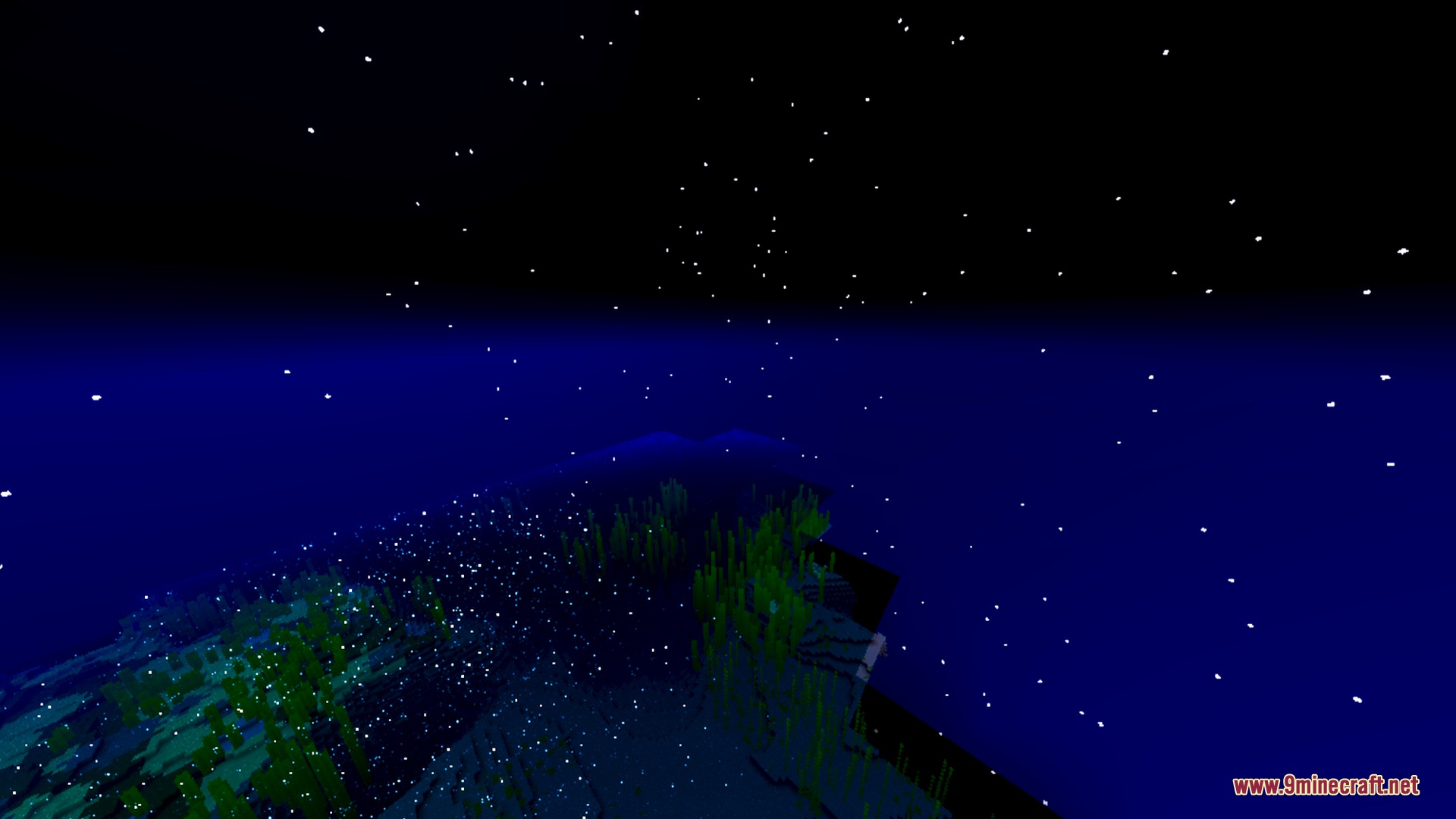 Lumenix Prism Visuals Shader Screenshot 2 Glowing white particles float above green kelp in a dark night ocean