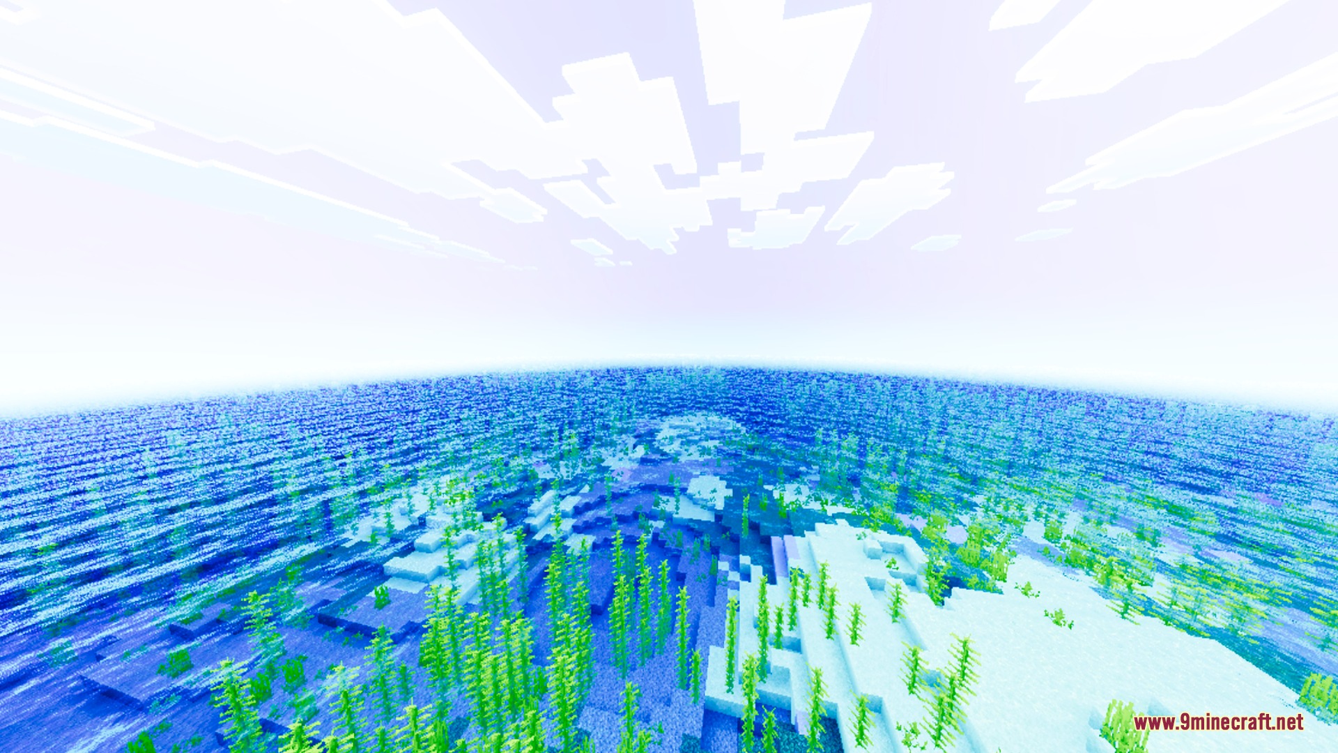 Lumenix Prism Visuals Shader Screenshot 3 Vibrant ocean biome with green kelp under a bright white Minecraft sky