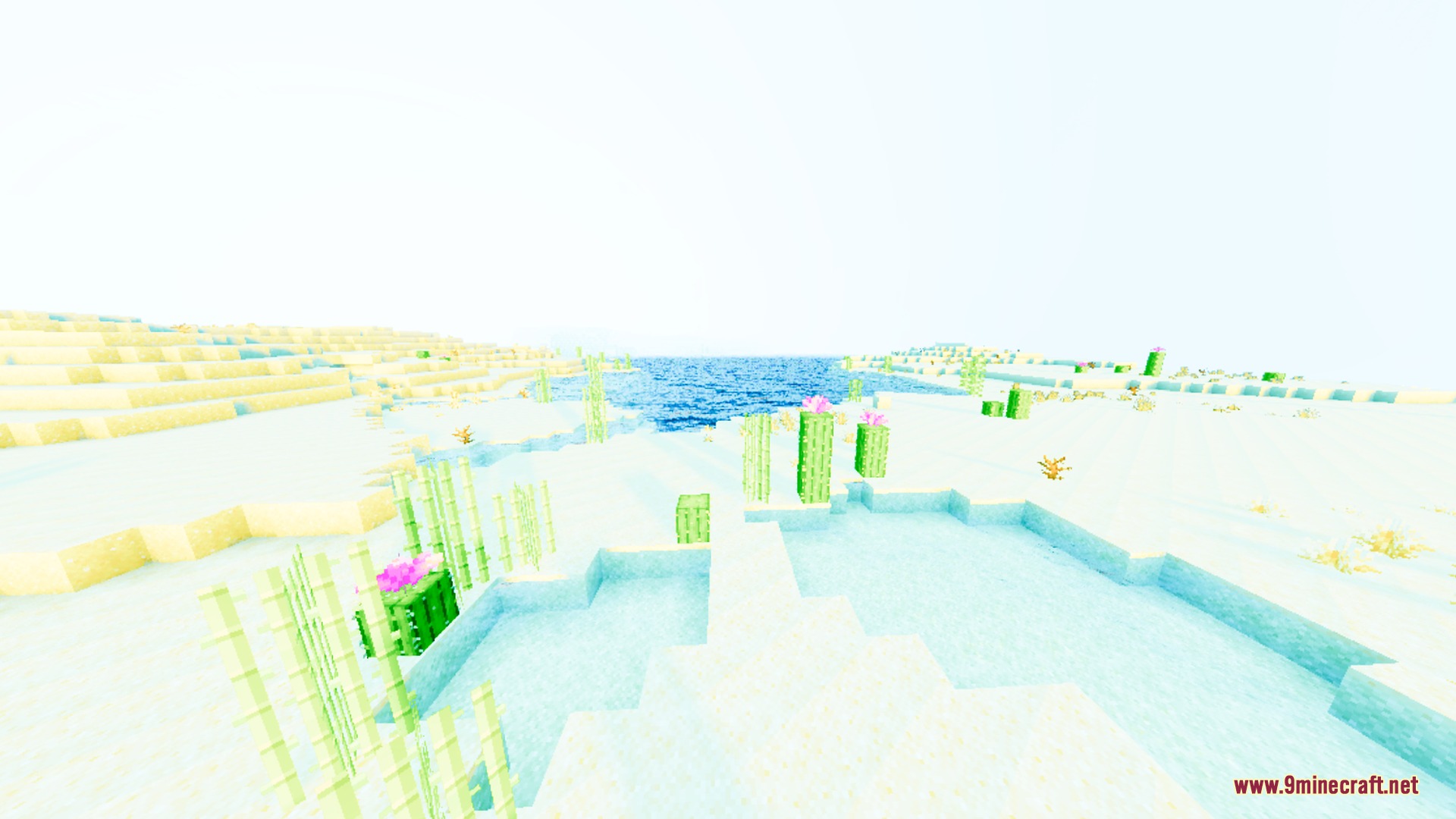 Lumenix Prism Visuals Shader Screenshot 8 Bright desert biome with green cacti and sugar cane near a blue ocean