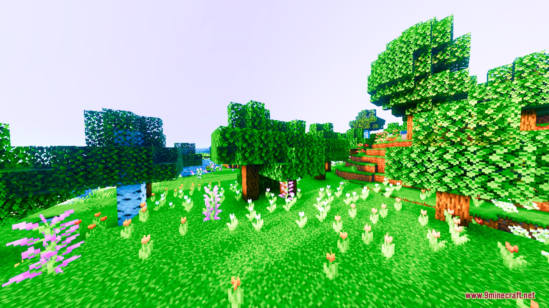 Lumenix Prism Visuals Shader Screenshot 9 Vibrant green meadow with colorful flowers and trees under a bright sky