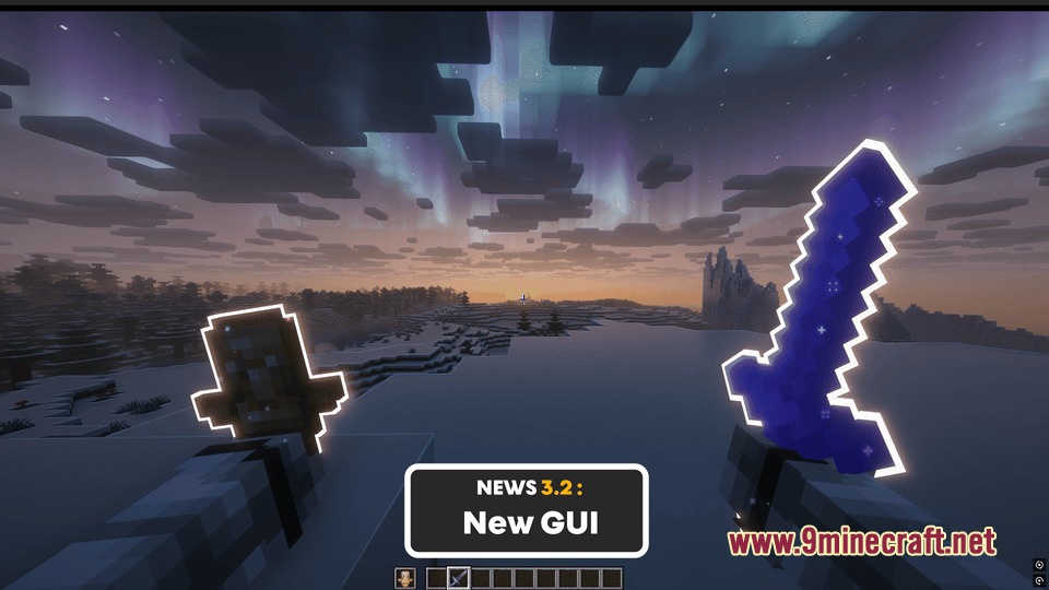 Lumina Enchanted Tiers Mod Screenshot 2 Player holding a glowing totem and sword under a beautiful aurora sky