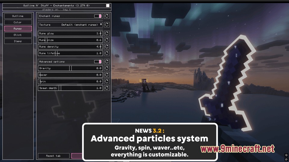 Lumina Enchanted Tiers Mod Screenshot 3 Lumina Enchanted Tiers menu showing advanced particle settings for weapon runes