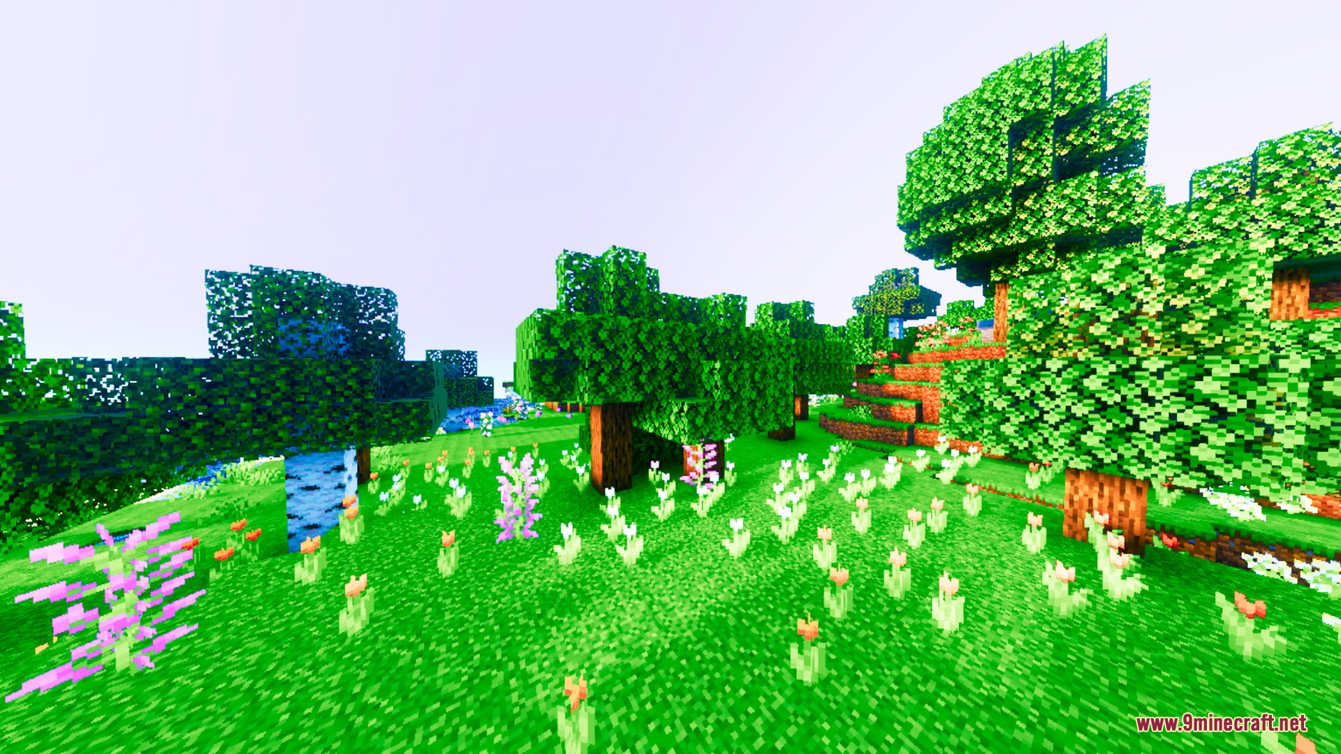 Lumina Prism Visuals Shader Screenshot 10 Vibrant meadow filled with colorful flowers and trees under a clear sky