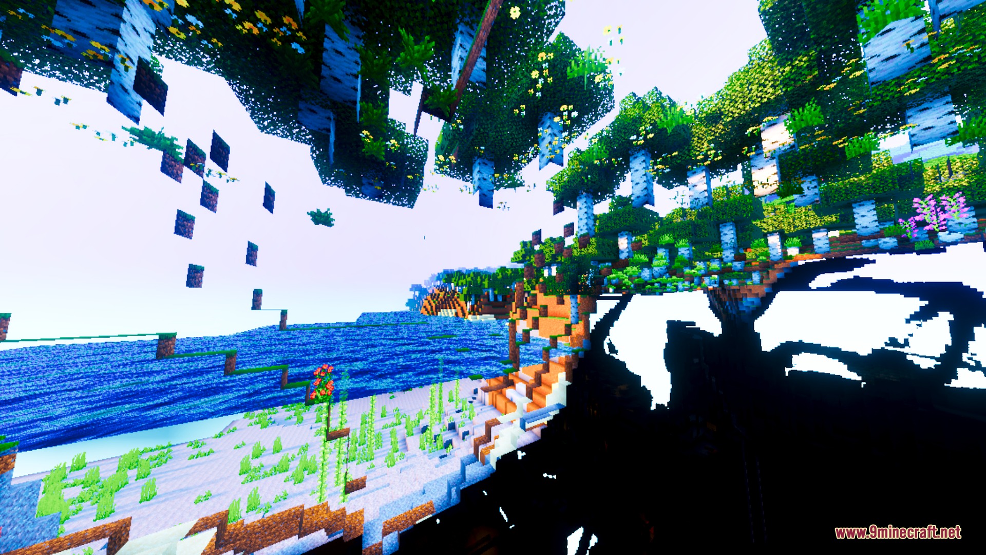 Lumina Prism Visuals Shader Screenshot 2 Brightly colored underwater perspective showing floating trees and a sandy beach area