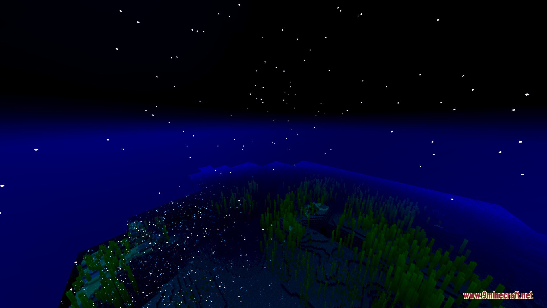 Lumina Prism Visuals Shader Screenshot 3 Vibrant glowing stars shine over a dark ocean filled with green underwater kelp