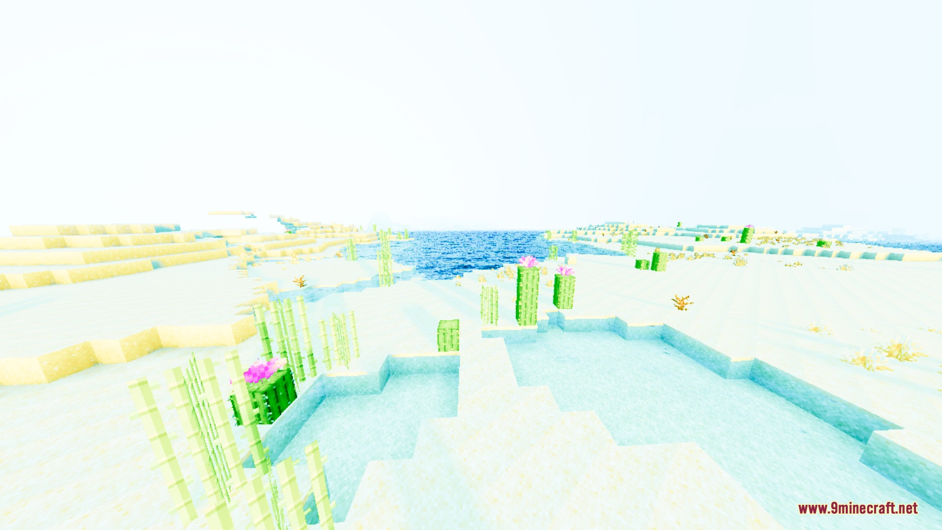 Lumina Prism Visuals Shader Screenshot 8 Bright white sand desert with cacti and sugarcane near the water