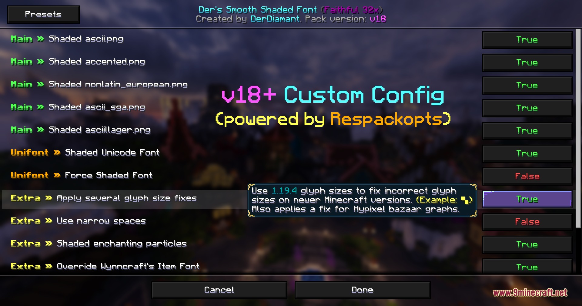 Lumina Velvet Script Resource Pack Screenshot 2 Settings menu for adjusting font options and glyph size fixes in Minecraft