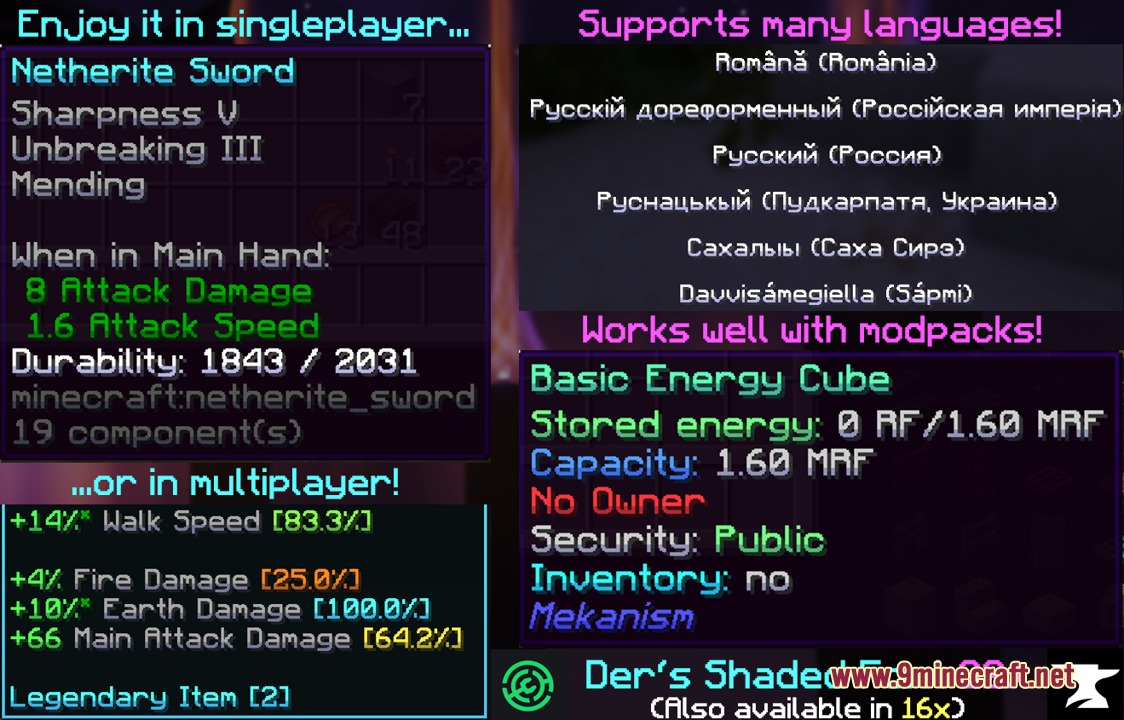 Lumina Velvet Script Resource Pack Screenshot 3 Minecraft item tooltips and language settings showing smooth gradient shaded text