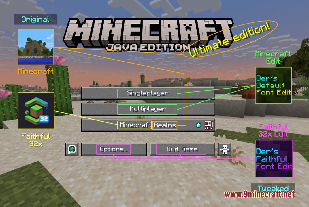 Lumina Velvet Script Resource Pack Screenshot 8 Minecraft main menu interface showcasing different font styles on the game menu buttons