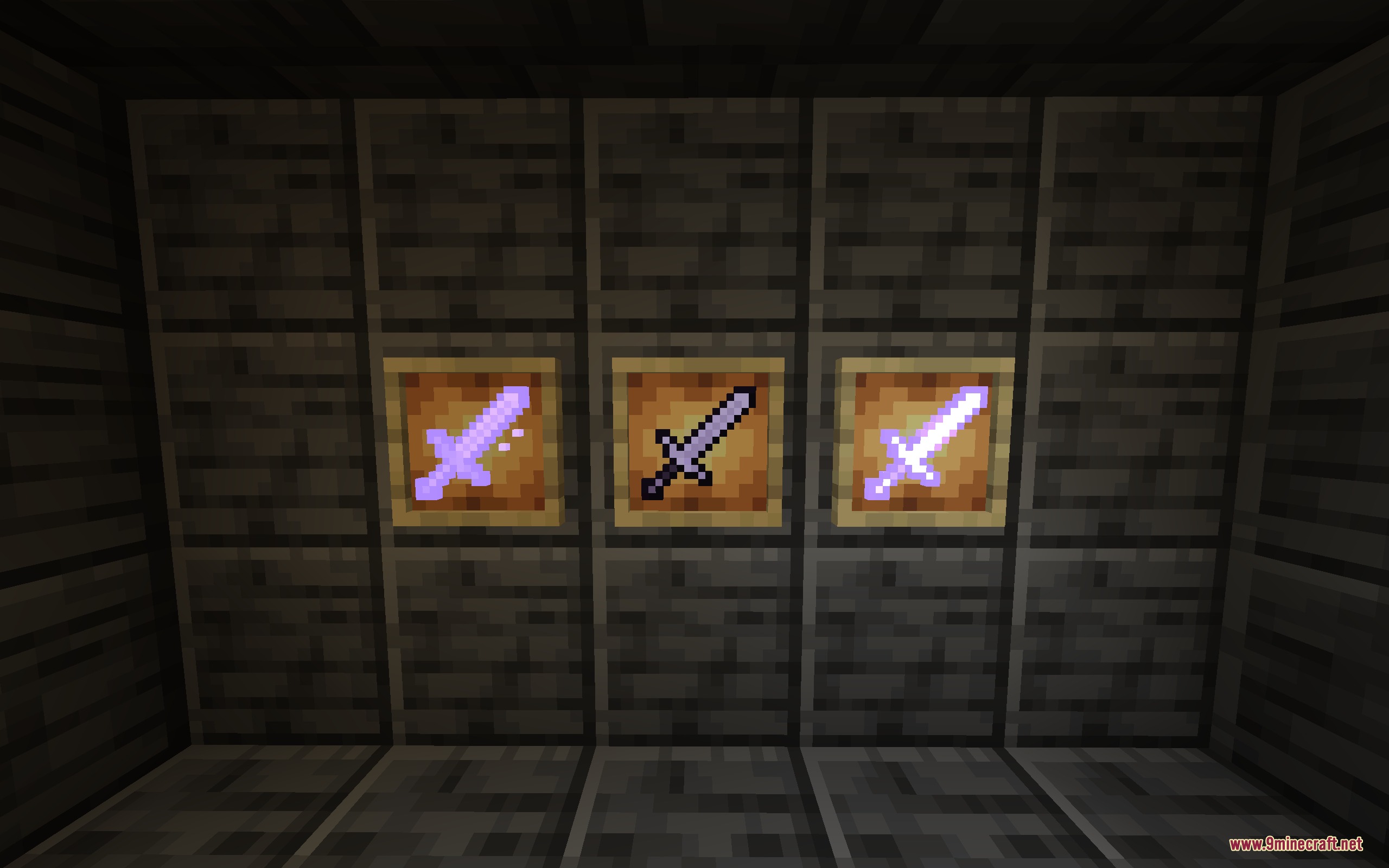 Three item frames displaying enchanted and regular swords on a wooden wall