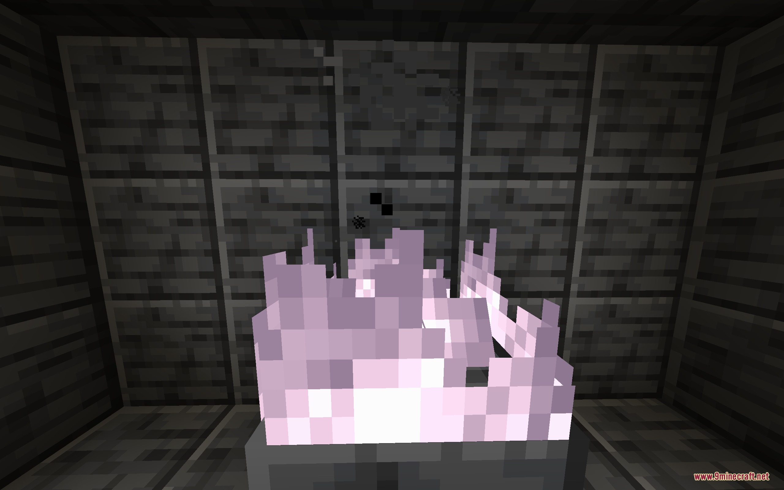 Custom purple fire burning on a block in a dark wooden room