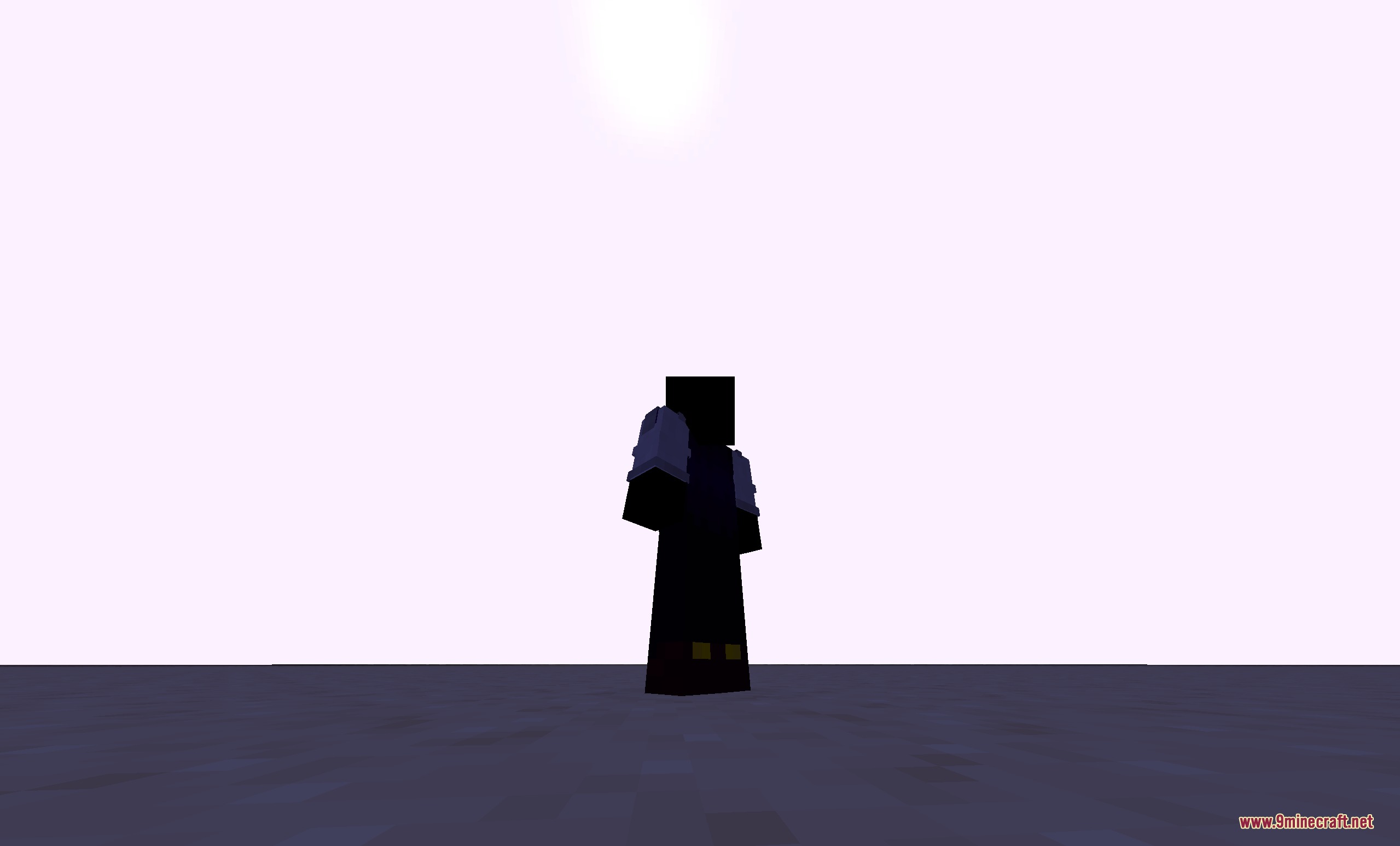 A dark character silhouette stands against a bright glowing white sky background