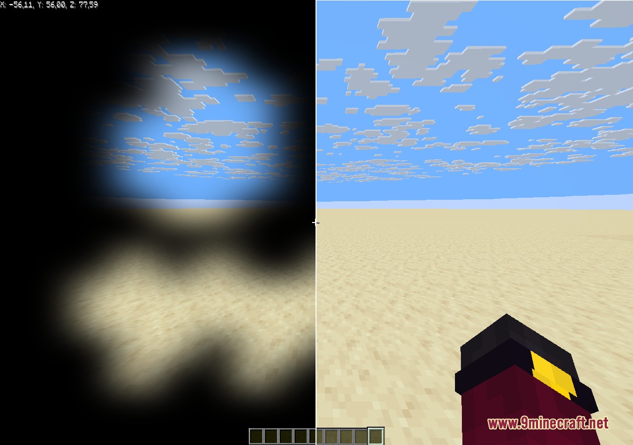 Split screen view comparing a dark vision effect and a clear desert