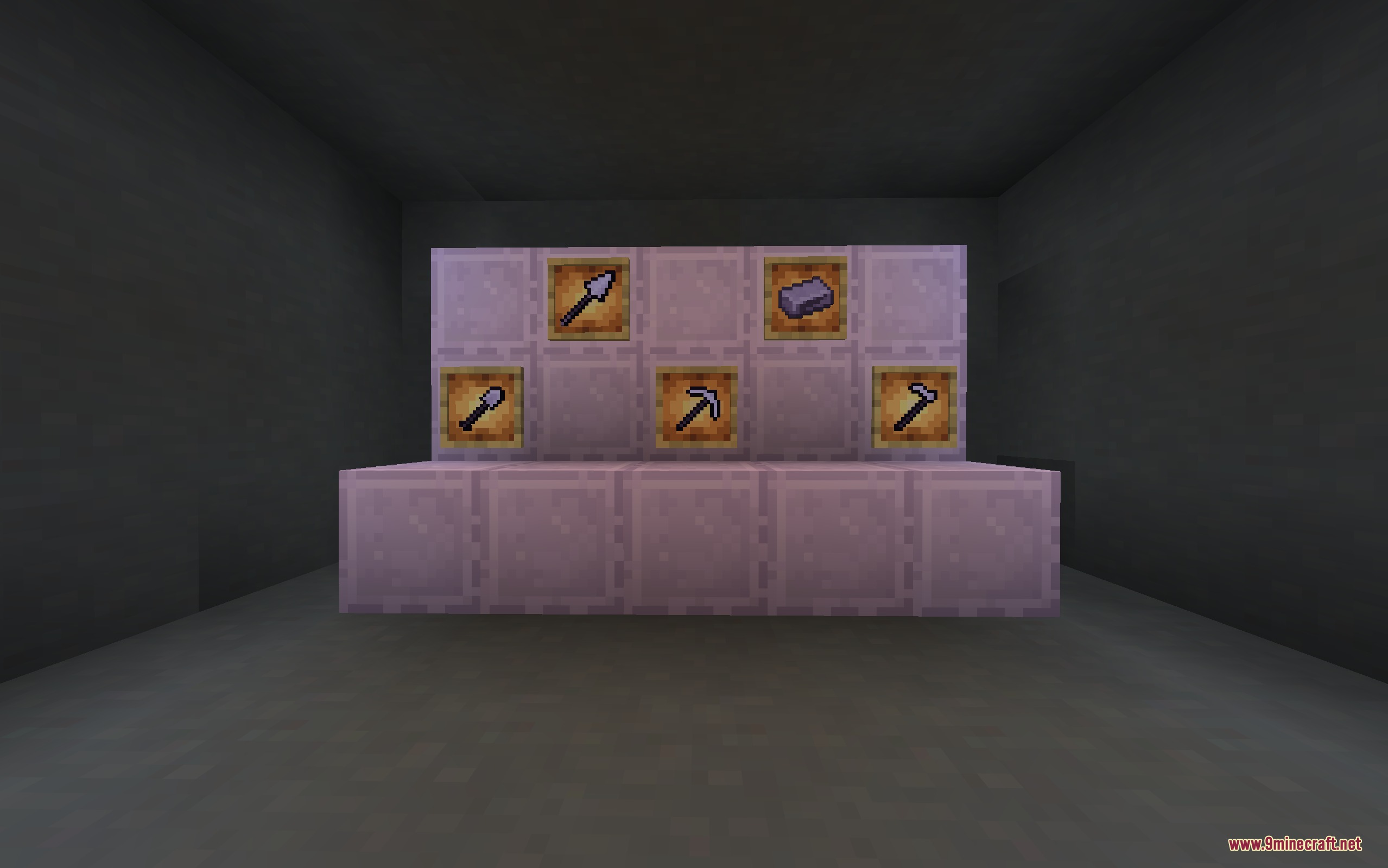 Recolored tools and netherite ingot displayed in frames on purple blocks