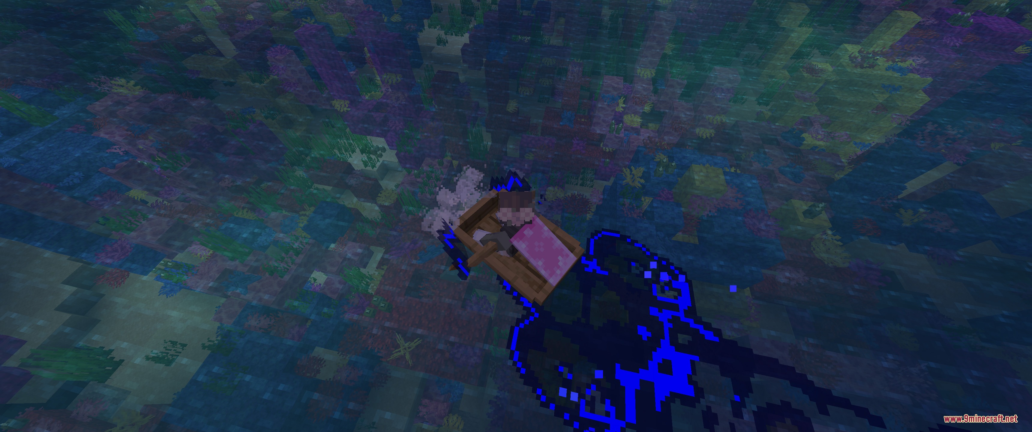 Luminous Flux Patch Mod Screenshot 1 A player rows a boat leaving a glowing blue plankton trail behind
