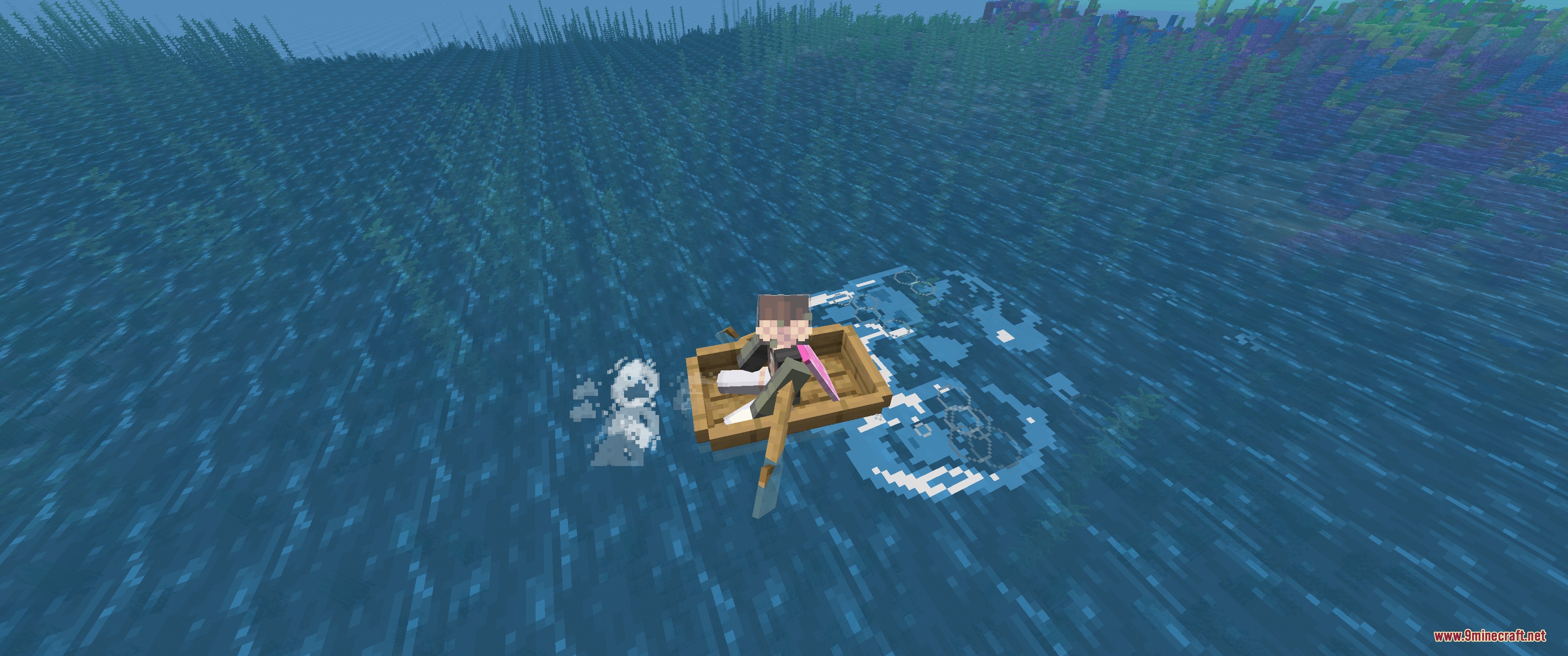 Luminous Flux Patch Mod Screenshot 2 A player rows a boat creating white splash droplets and water ripples
