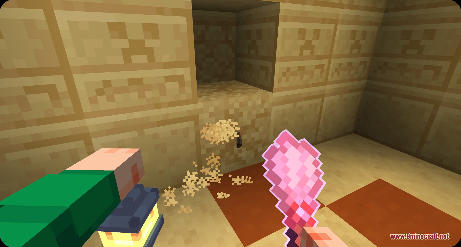 A player using a pink brush tool inside a sandstone room with lanterns