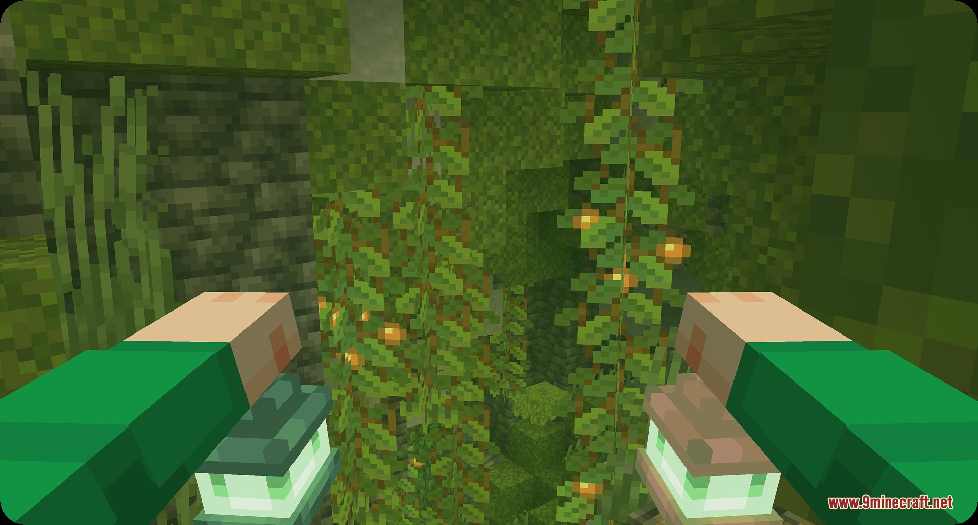 Player holding two detailed green lanterns in a lush cave environment