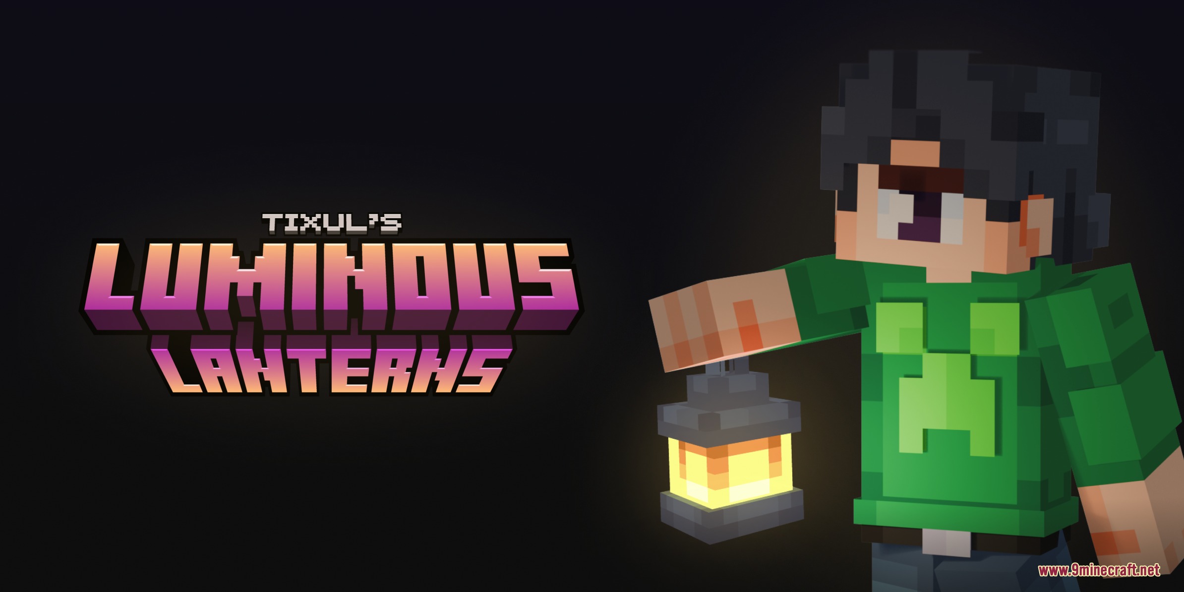 Minecraft character holding a glowing lantern next to the Luminous Lanterns logo