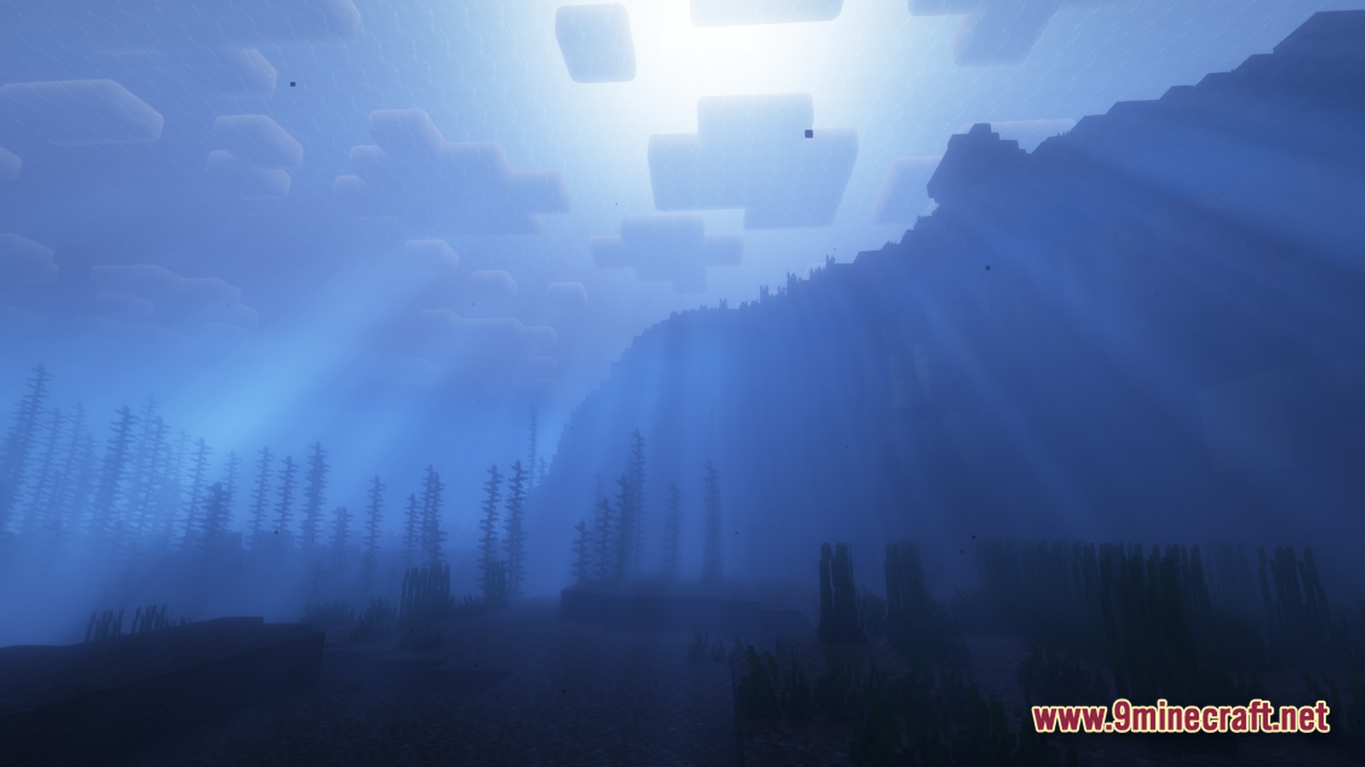 Luminous Prism Overhaul Modpack Screenshot 10 Sunlight filters through the water surface onto an underwater ocean floor with kelp and seagrass