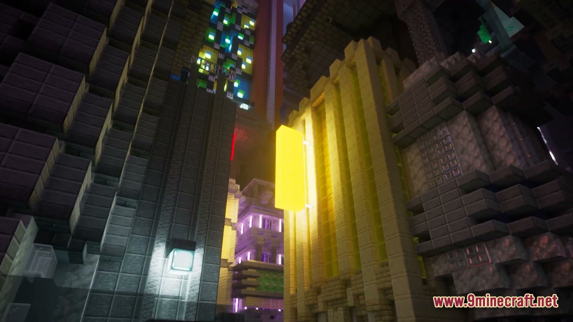 Luminous Prism Overhaul Modpack Screenshot 2 A low-angle view of a futuristic city street featuring tall buildings and glowing neon light sources