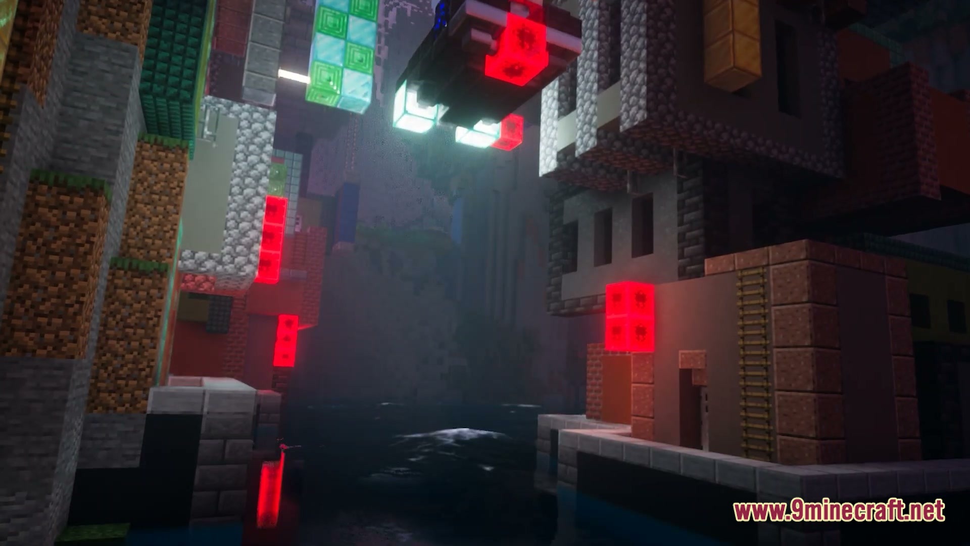 Luminous Prism Overhaul Modpack Screenshot 3 A dense urban canal featuring glowing neon blocks and multi-story structures under a dark, foggy sky