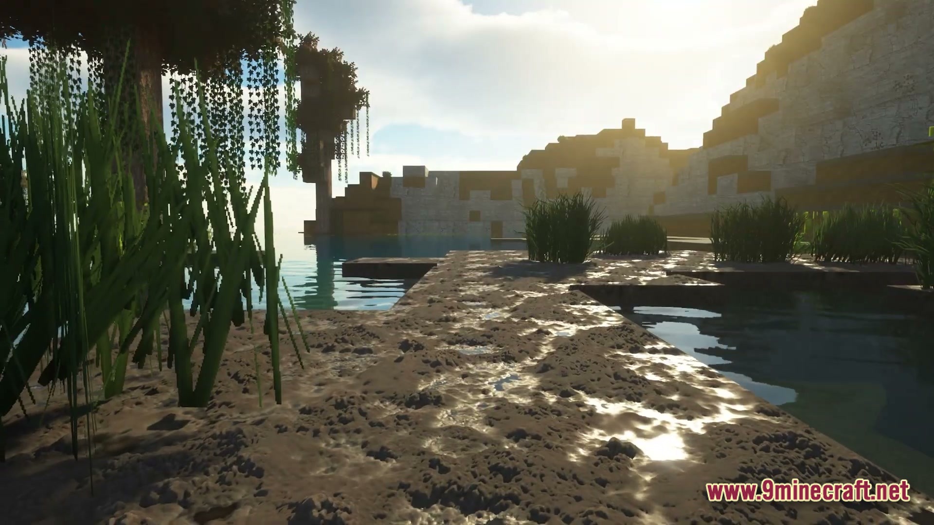 Luminous Prism Overhaul Modpack Screenshot 4 A swampy landscape featuring realistic water reflections, high-resolution textures, and dense vegetation under bright sunlight