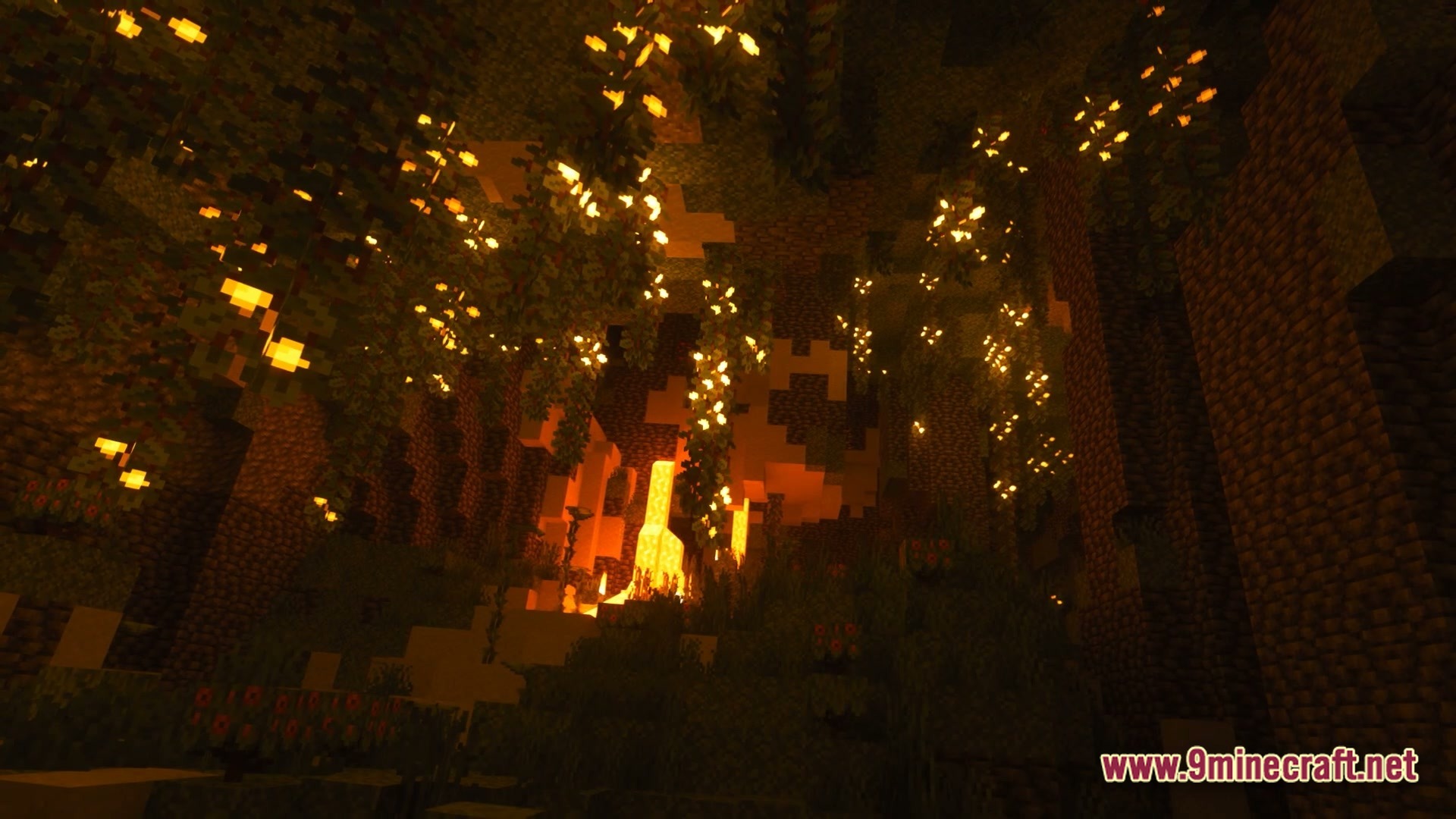Luminous Prism Overhaul Modpack Screenshot 5 A lush underground cave featuring glowing glow berries, hanging vines, and a distant lava fall