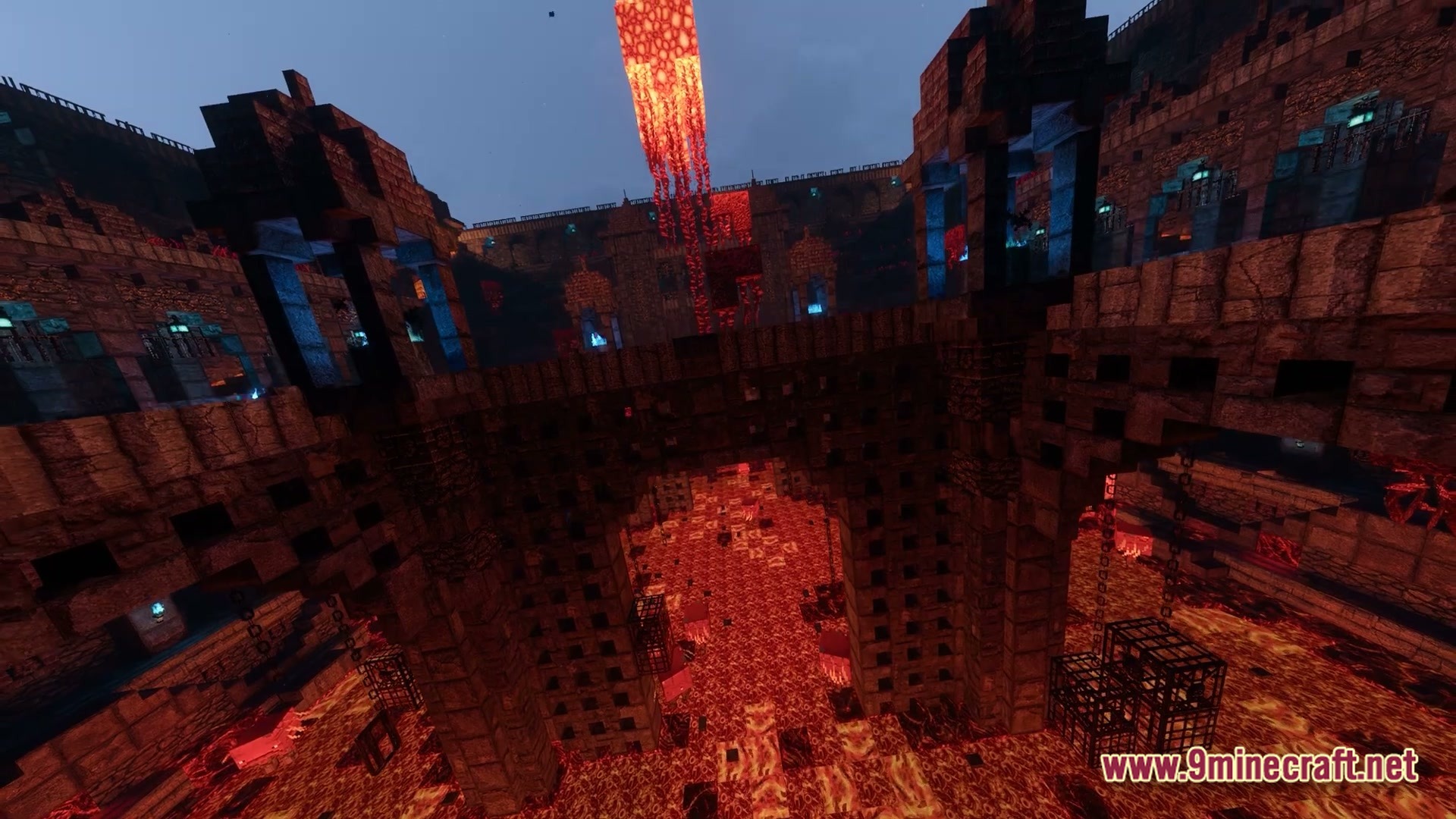Luminous Prism Overhaul Modpack Screenshot 6 A massive stone fortress interior featuring lava pits, mob spawners, and glowing blue soul lanterns