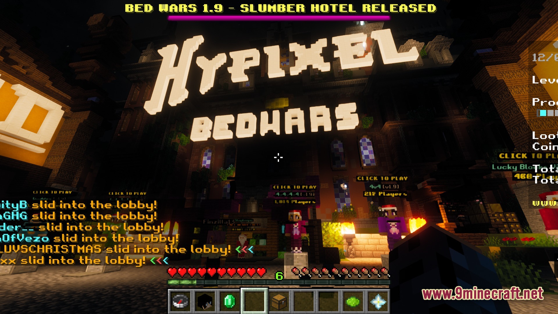 Luminous Prism Overhaul Modpack Screenshot 8 Players gather in the Hypixel Bedwars lobby featuring large glowing text and custom game NPCs
