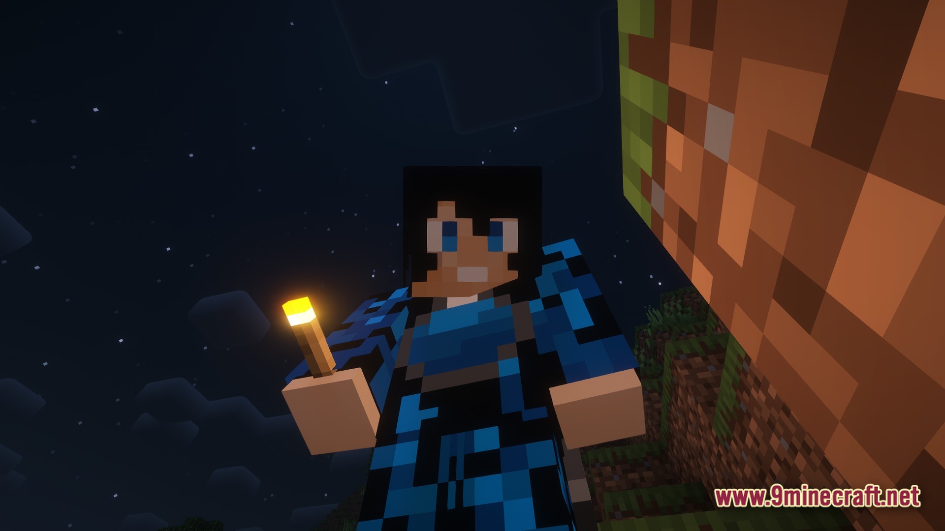 Luminous Prism Overhaul Modpack Screenshot 9 A player character wearing blue armor holds a lit torch under a starry night sky