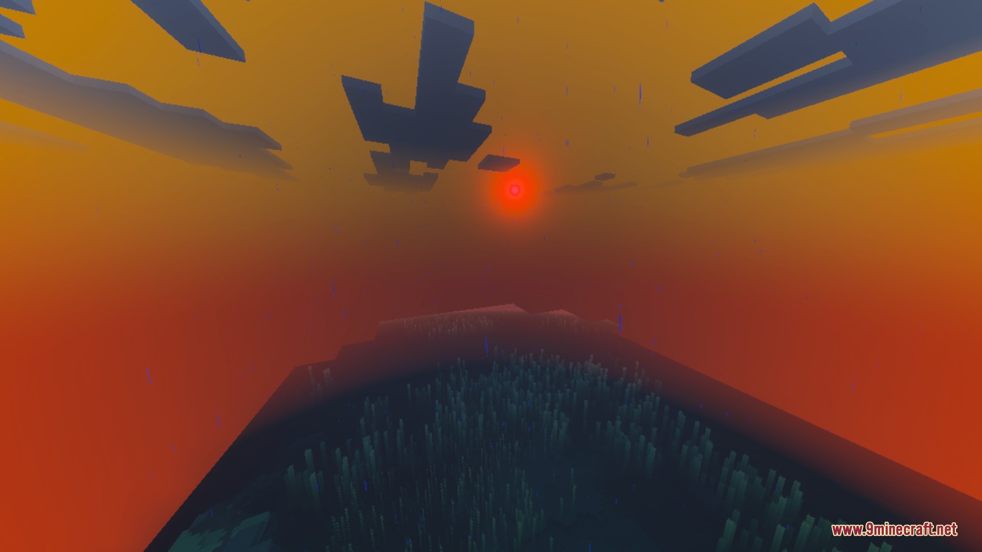 A cinematic orange sunset featuring a bright red sun and blocky clouds
