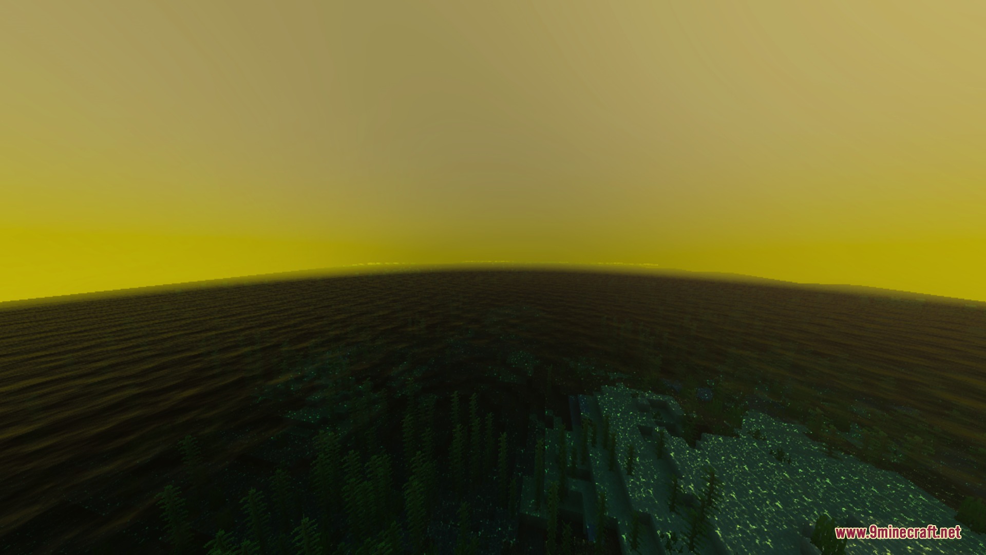 A vast dark ocean under a hazy golden sky with cinematic lighting