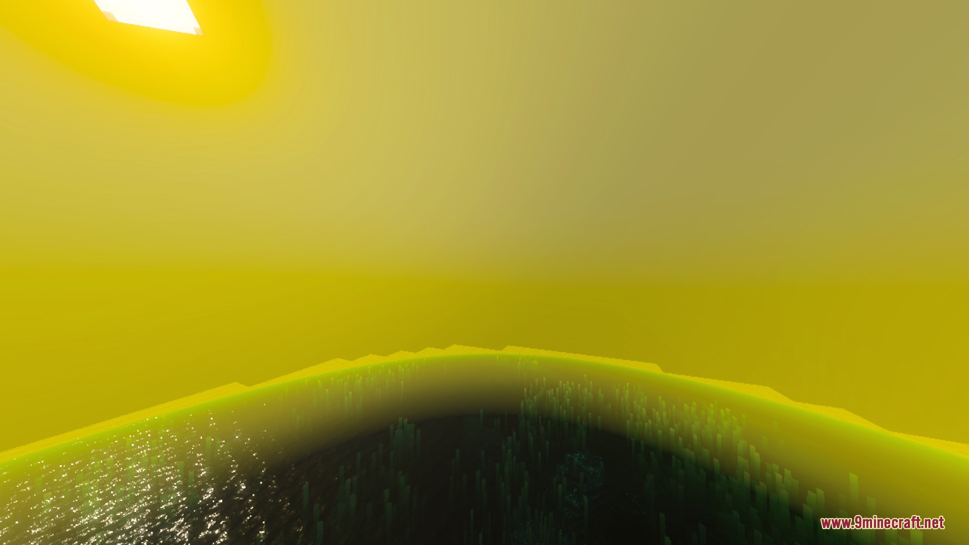 A bright glowing sun creates a cinematic yellow atmosphere over the ocean