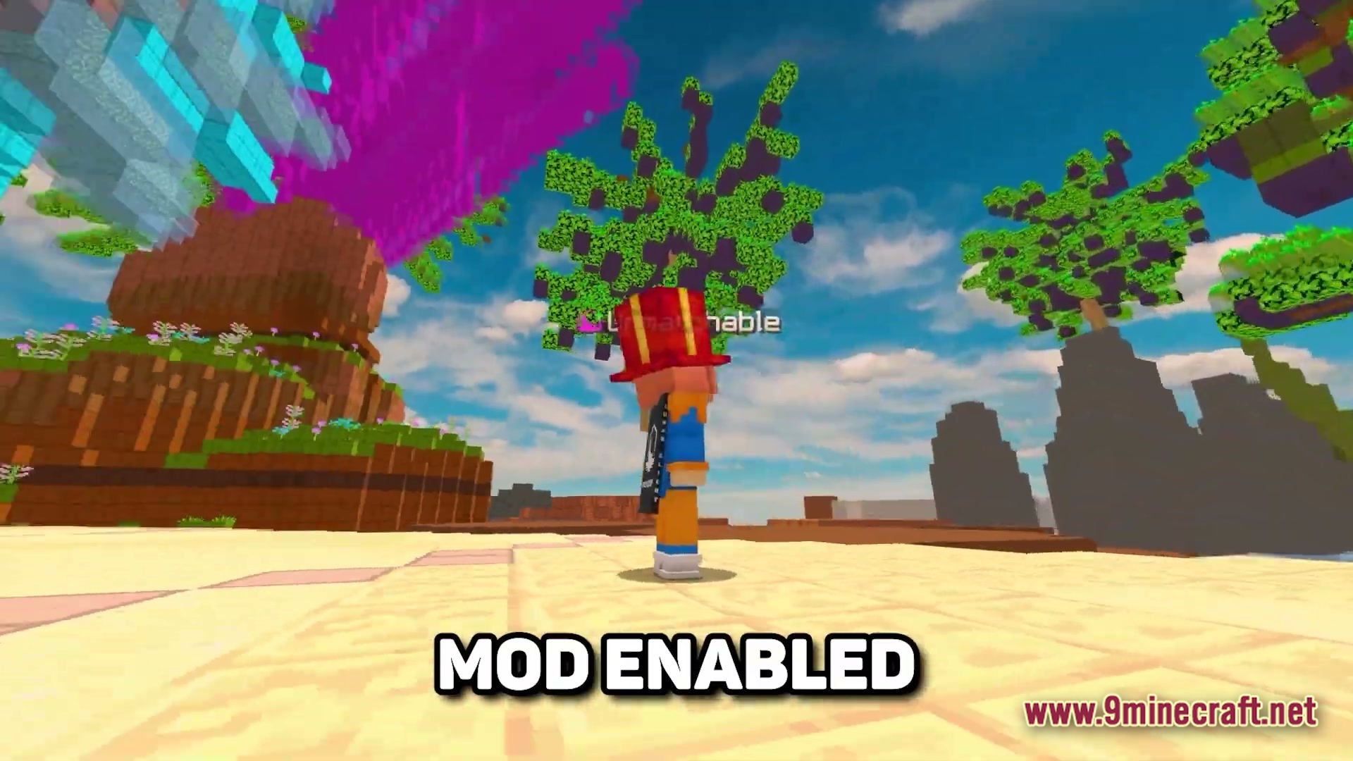 Lunar Celestial Zenith Modpack Screenshot 1 A player character stands in a vibrant landscape featuring custom trees and colorful floating structures