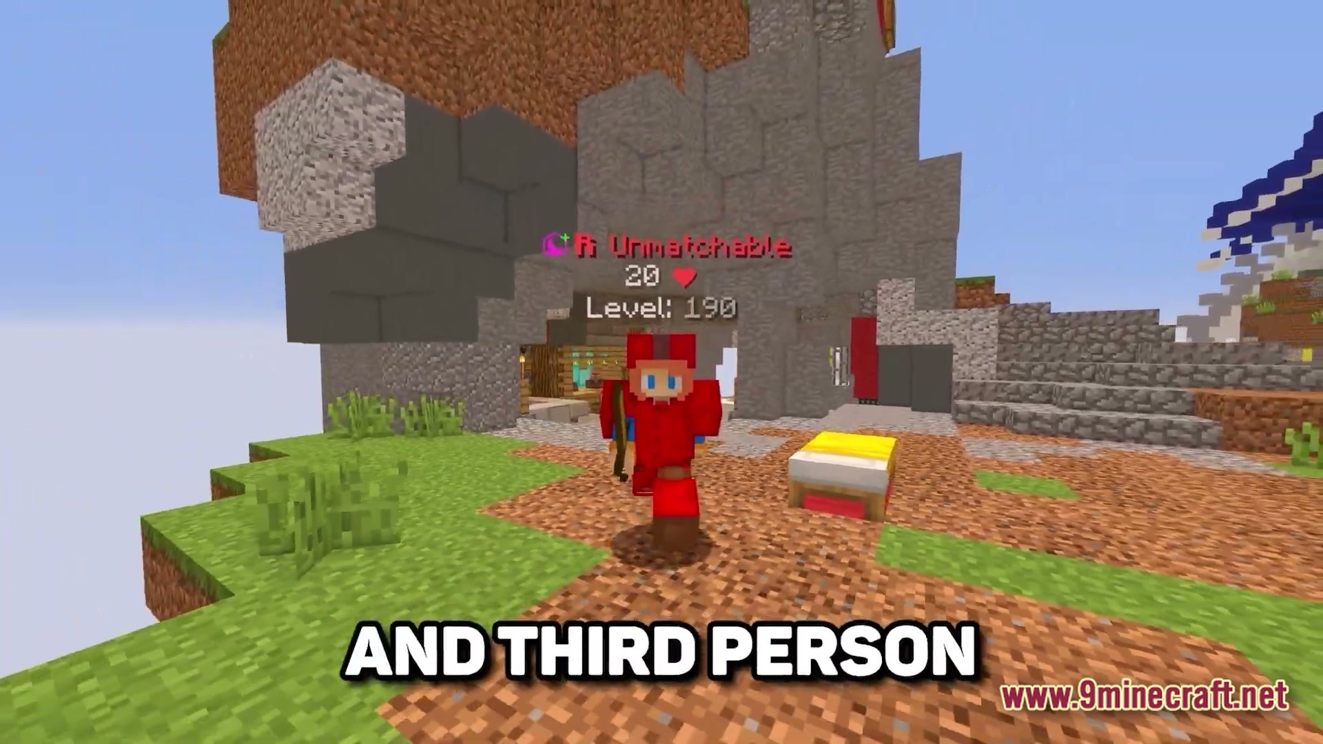 Lunar Celestial Zenith Modpack Screenshot 2 A player wearing red armor stands near a bed on a floating island in third-person view