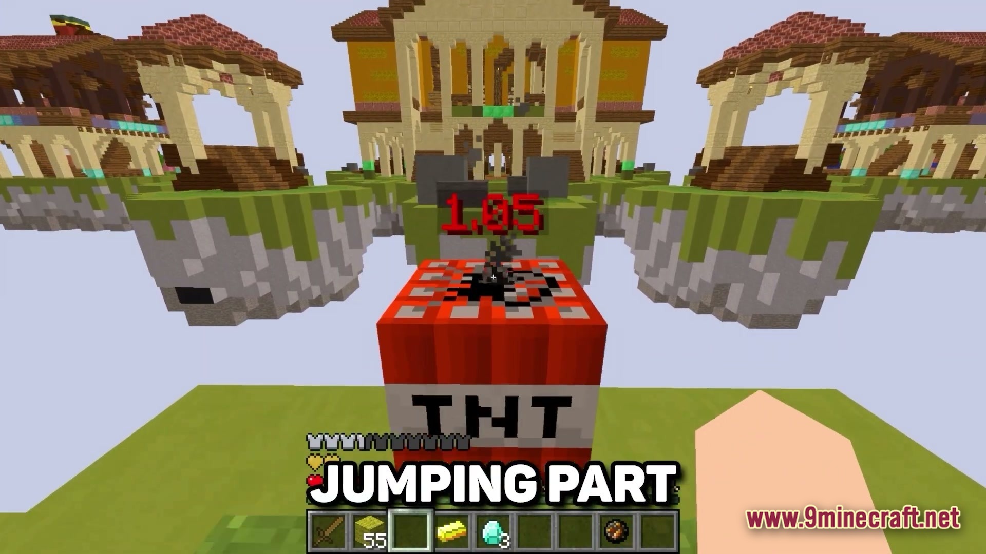 Lunar Celestial Zenith Modpack Screenshot 3 A player stands before a primed TNT block on a floating island with large buildings behind