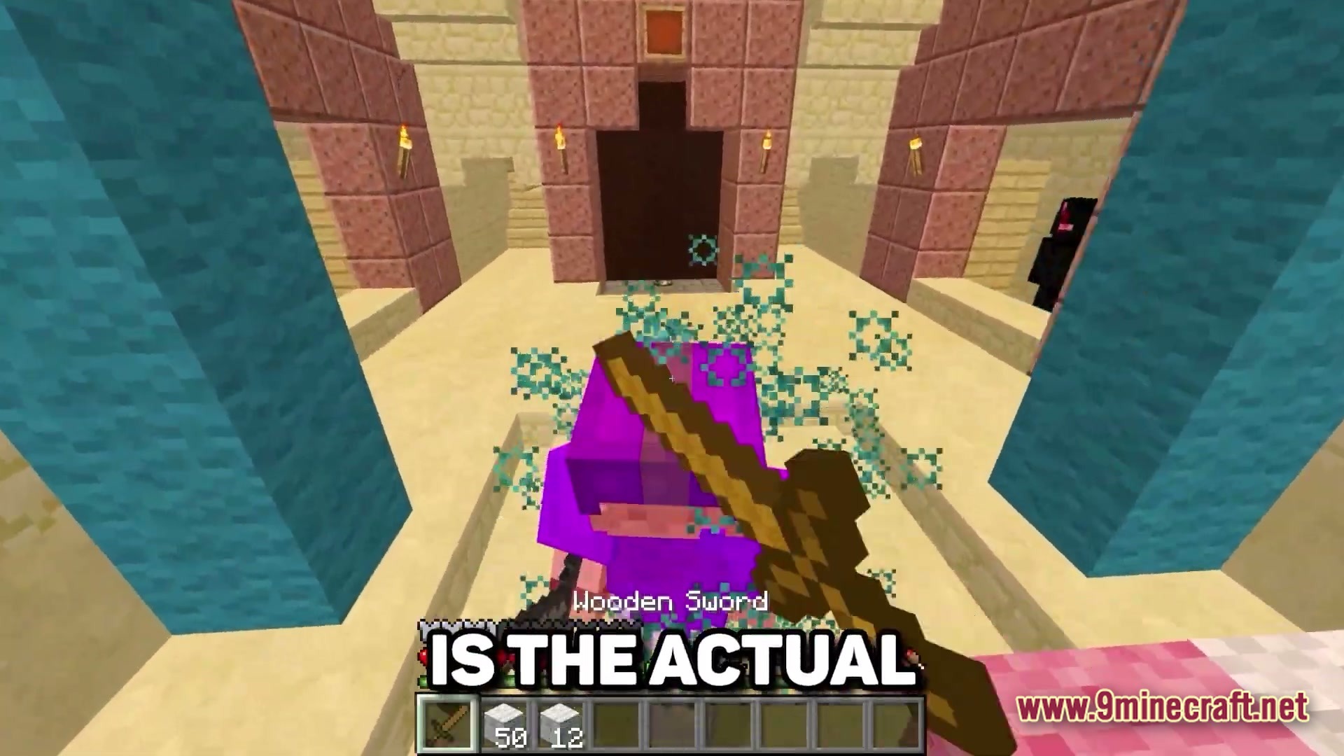 Lunar Celestial Zenith Modpack Screenshot 4 A player holding a wooden sword stands inside a desert temple structure with various colored blocks