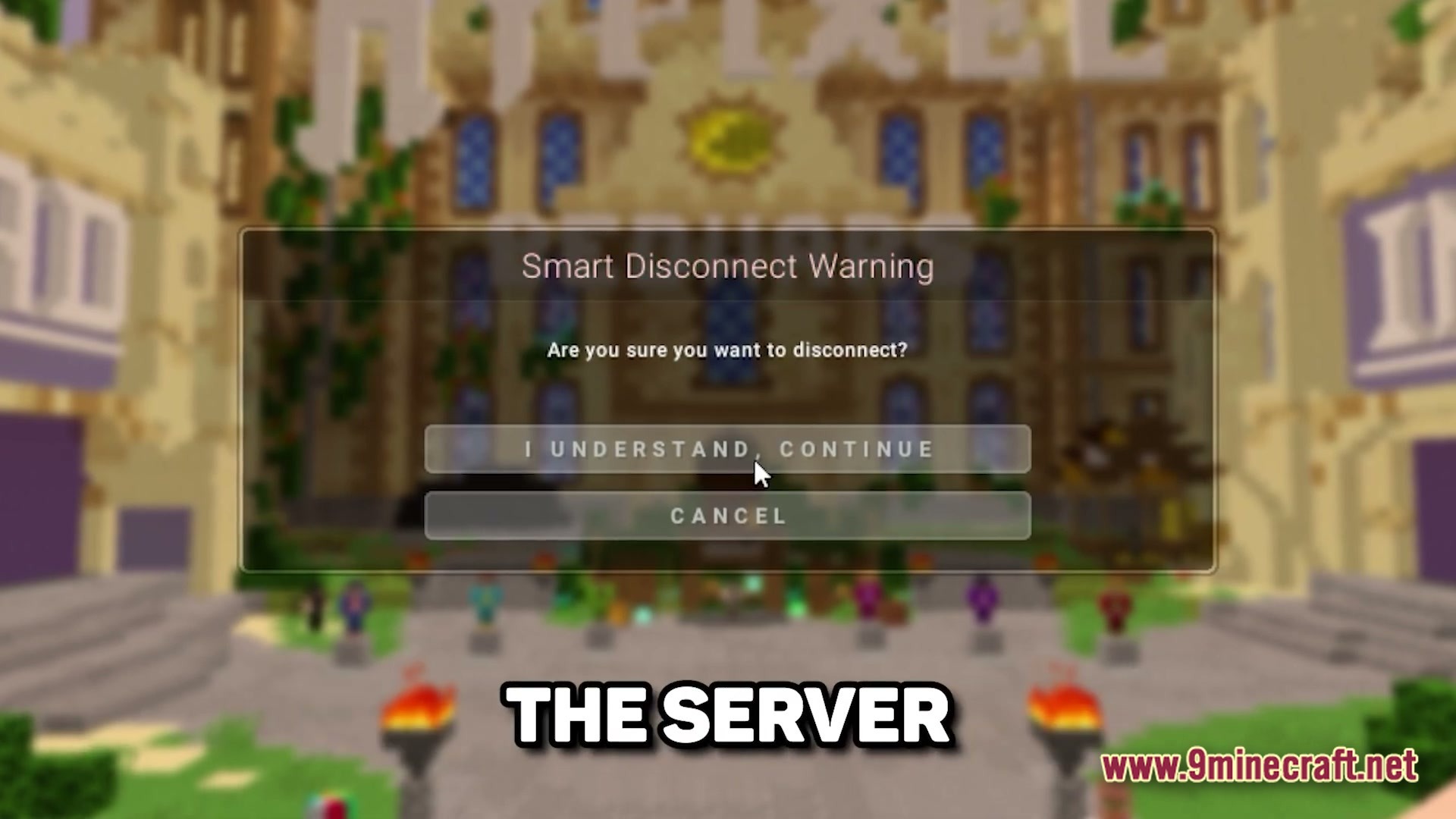 Lunar Celestial Zenith Modpack Screenshot 6 A Smart Disconnect Warning interface overlaying a blurred Minecraft server lobby with various player characters