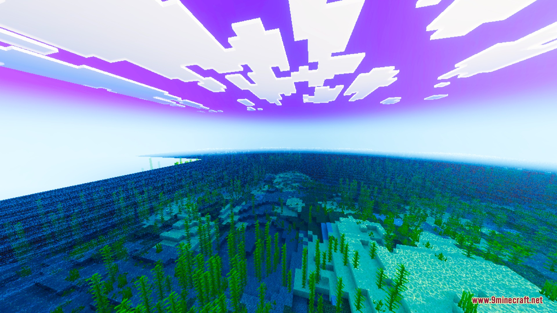 Vibrant purple sky and white clouds over a deep blue Minecraft ocean
